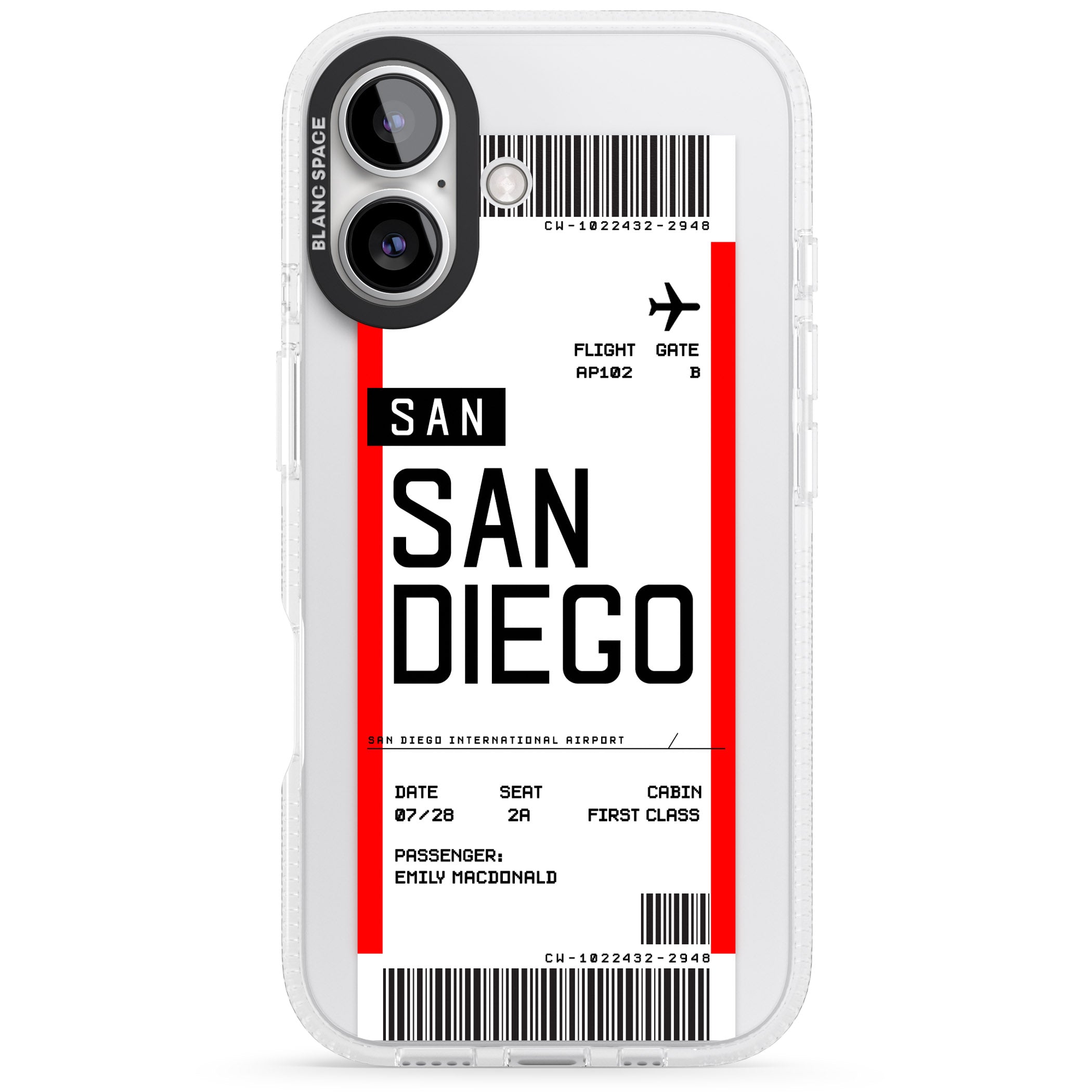 Personalised San Diego Boarding Pass iPhone 16 / 16 Plus Clear Case Impact Air - Blanc Space