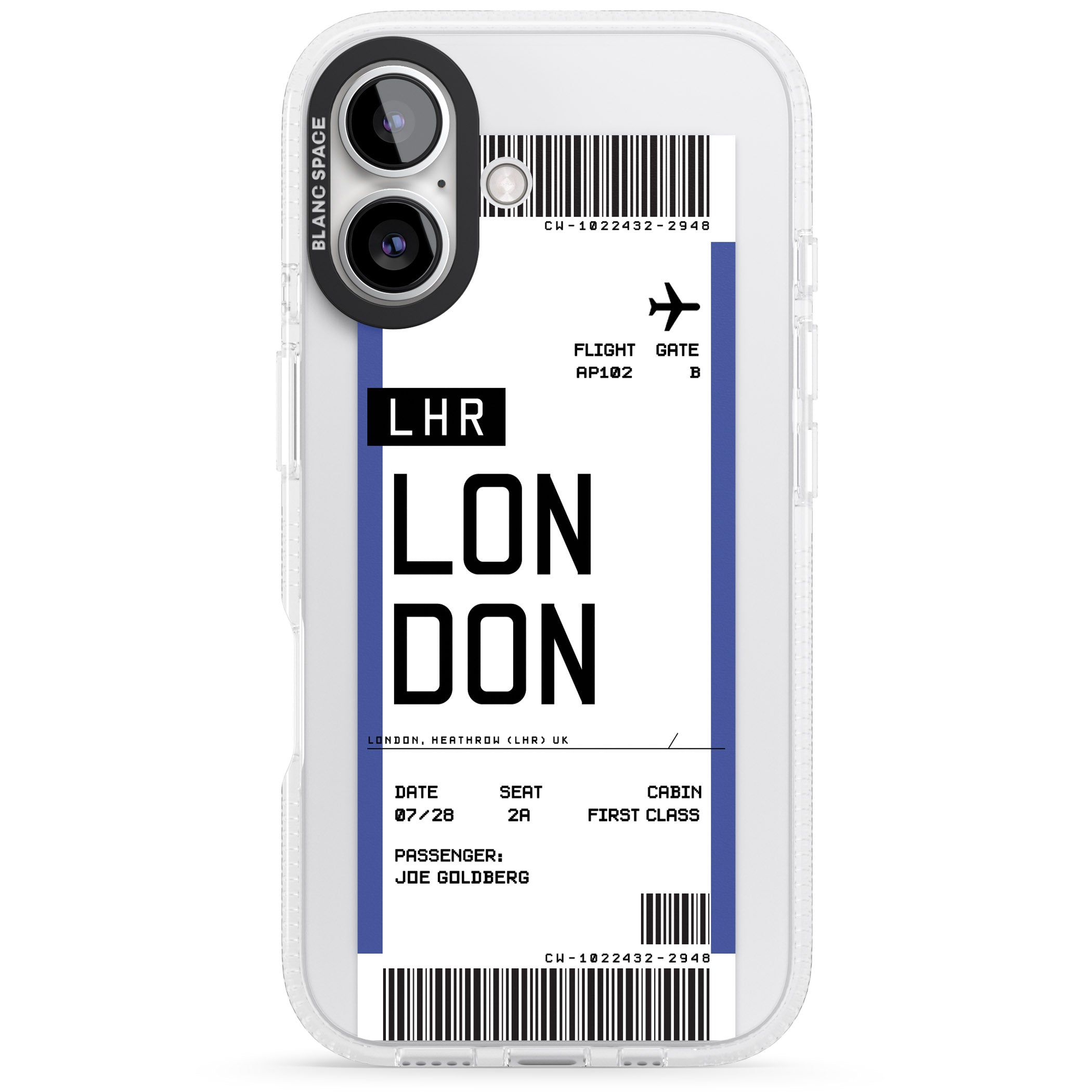 Personalised London Boarding Pass iPhone 16 / 16 Plus Clear Case Impact Air - Blanc Space