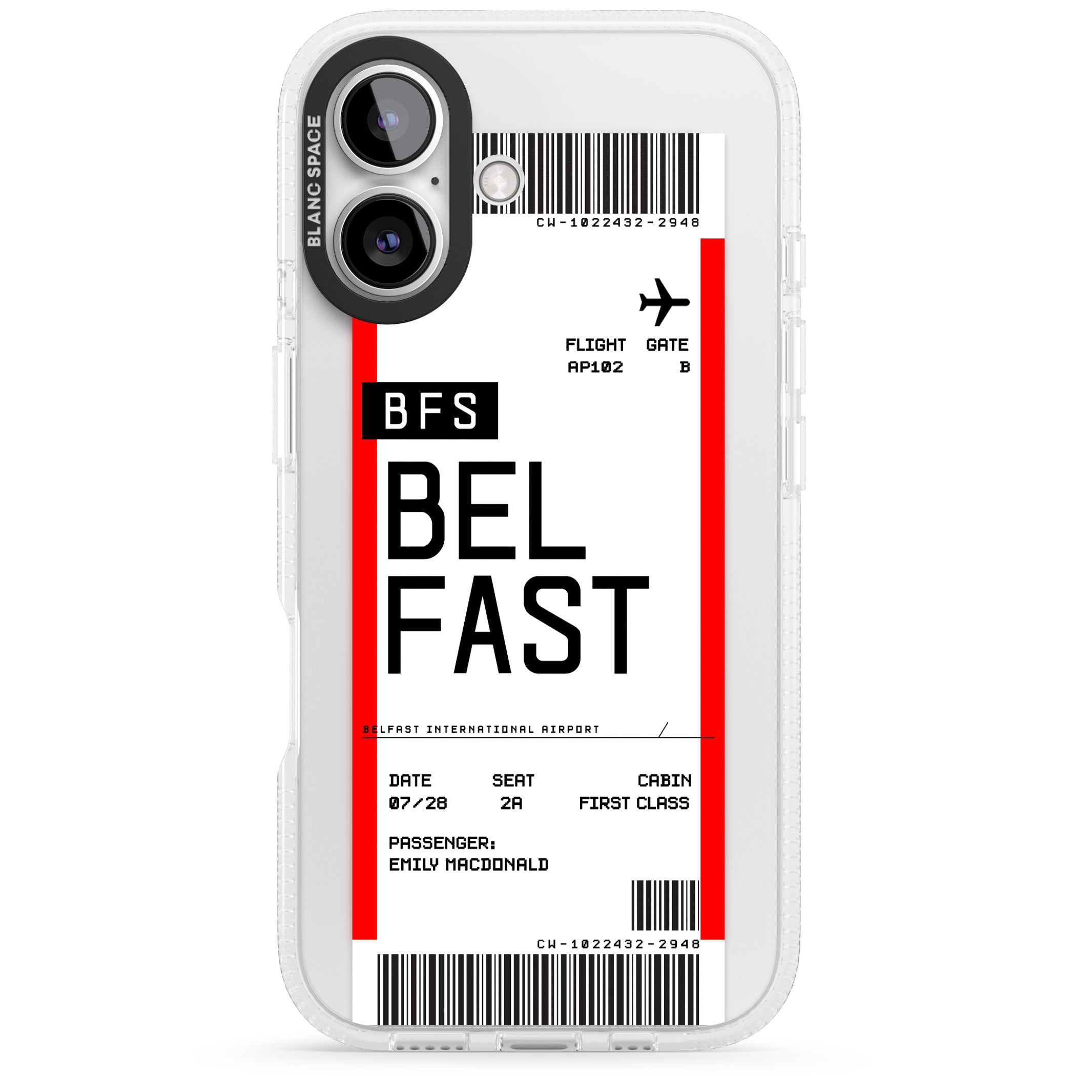 Personalised Belfast Boarding Pass iPhone 16 / 16 Plus Clear Case Impact Air - Blanc Space