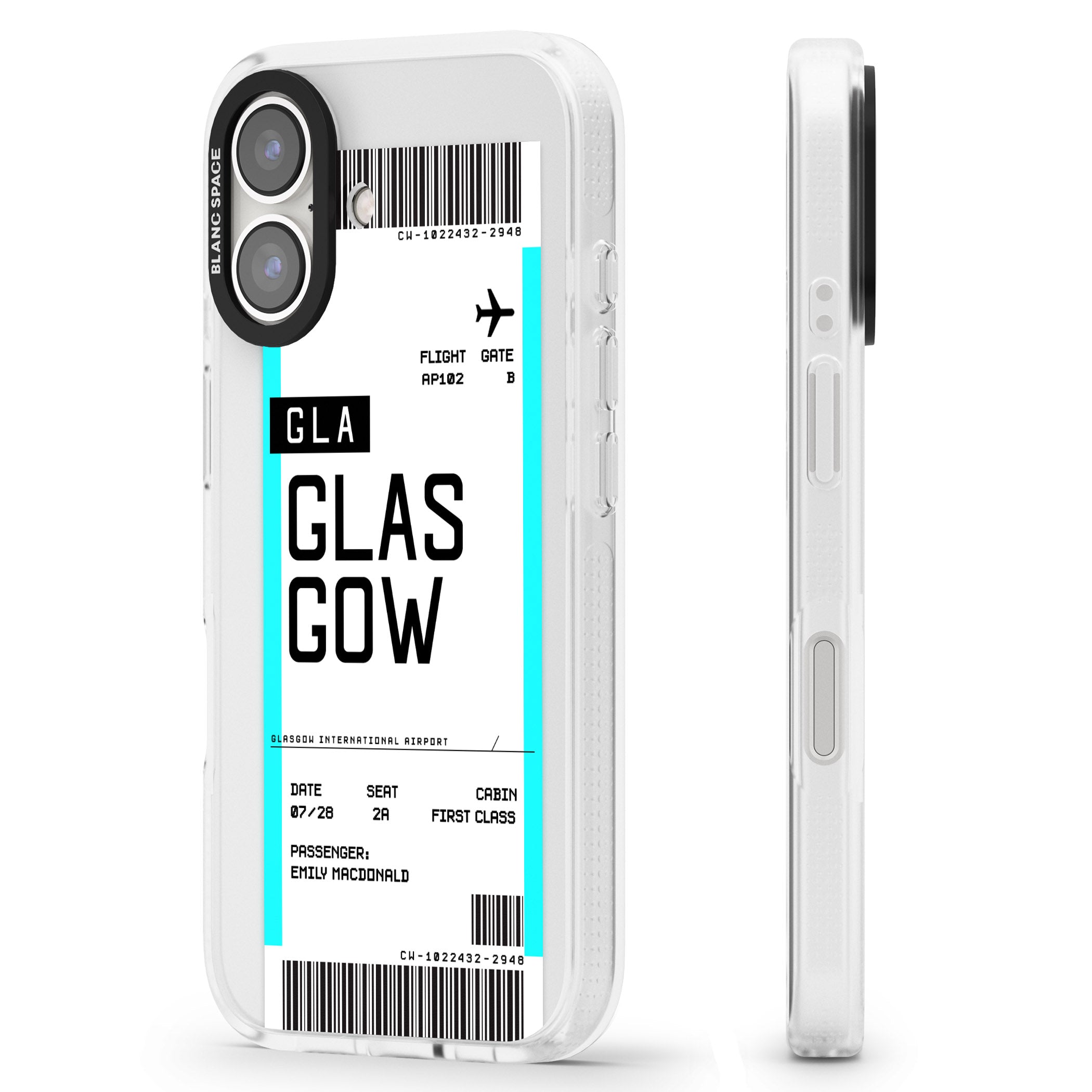 Personalised Glasgow Boarding Pass iPhone 16 / 16 Plus Clear Case Impact Air - Blanc Space
