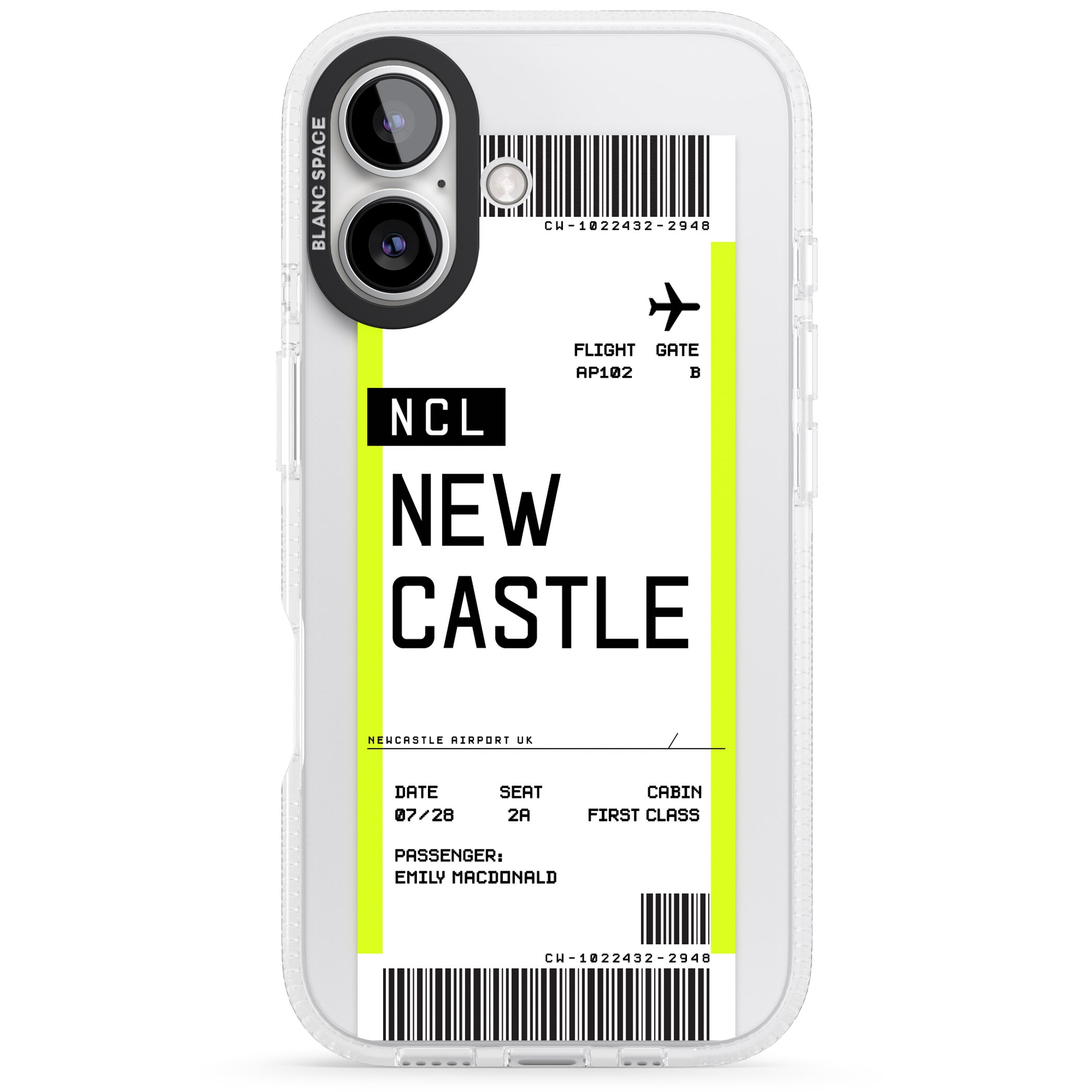 Personalised Newcastle Boarding Pass iPhone 16 / 16 Plus Clear Case Impact Air - Blanc Space