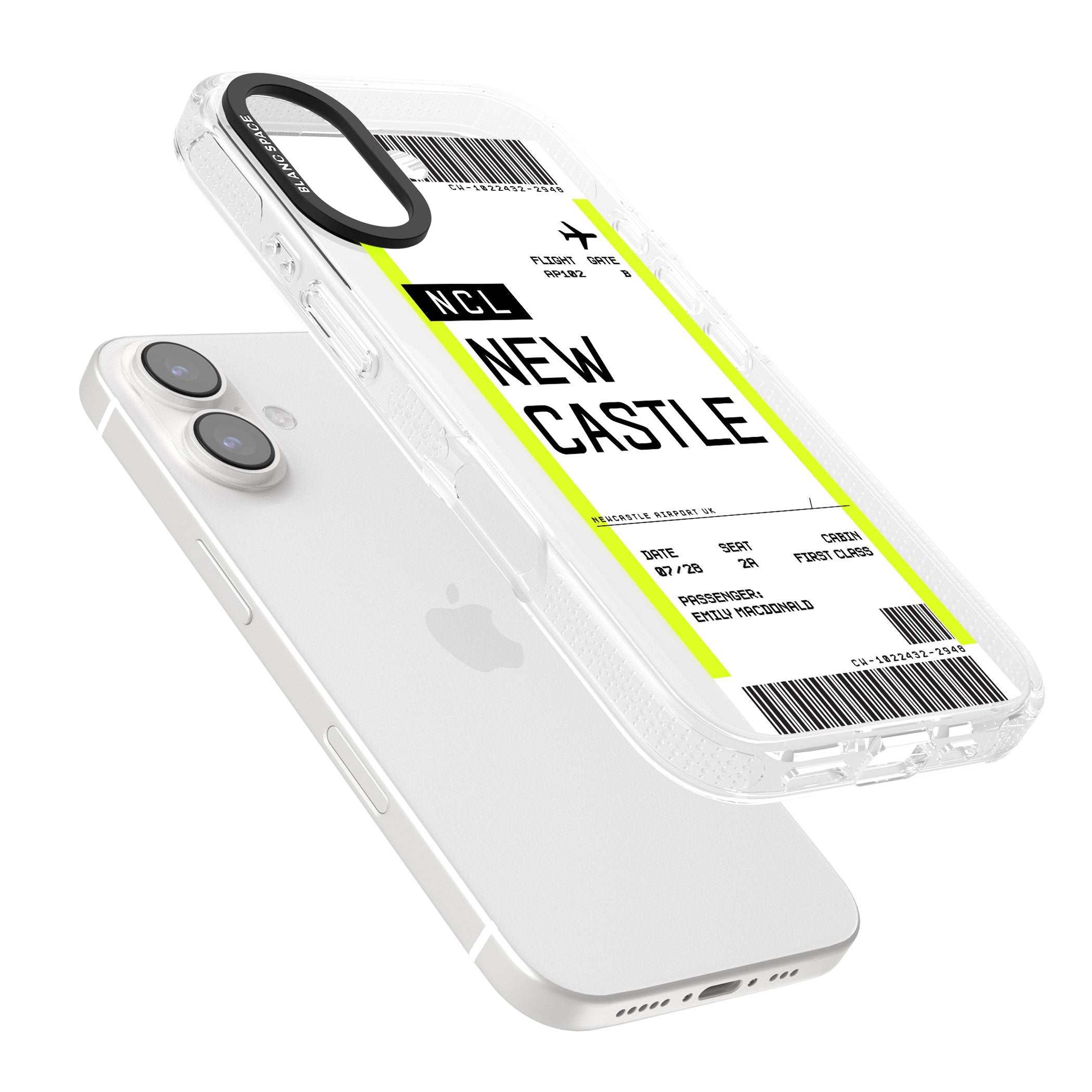 Personalised Newcastle Boarding Pass iPhone 16 / 16 Plus Clear Case Impact Air - Blanc Space