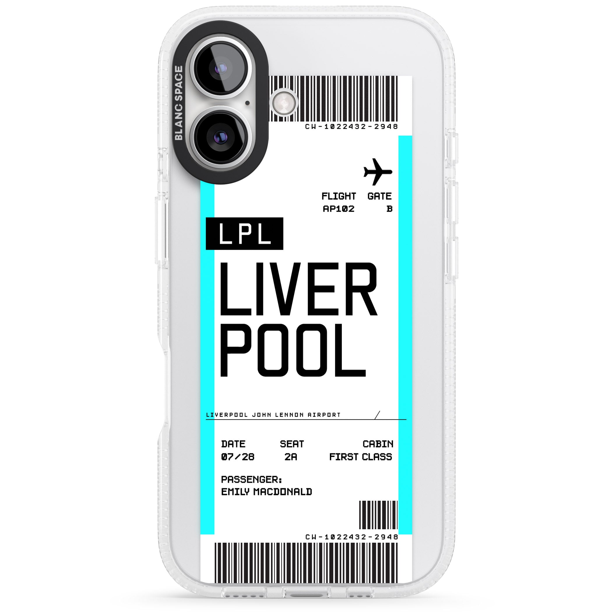 Personalised Liverpool Boarding Pass iPhone 16 / 16 Plus Clear Case Impact Air - Blanc Space