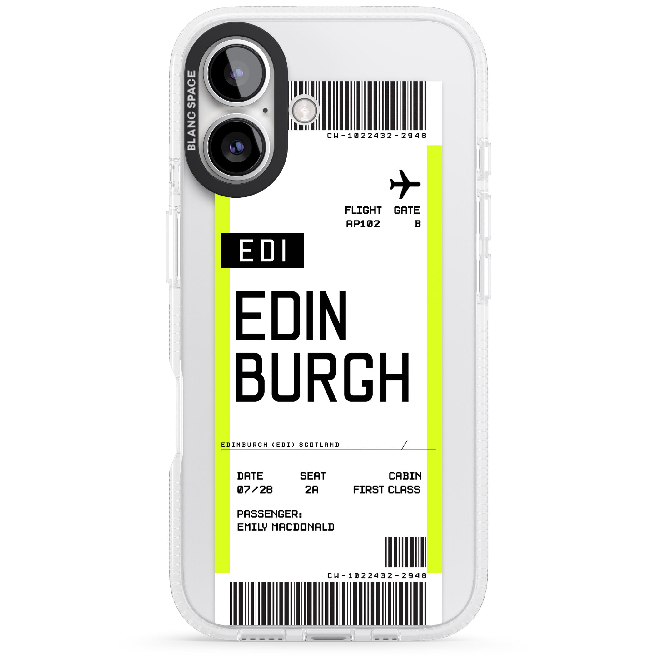 Personalised Edinburgh Boarding Pass iPhone 16 / 16 Plus Clear Case Impact Air - Blanc Space