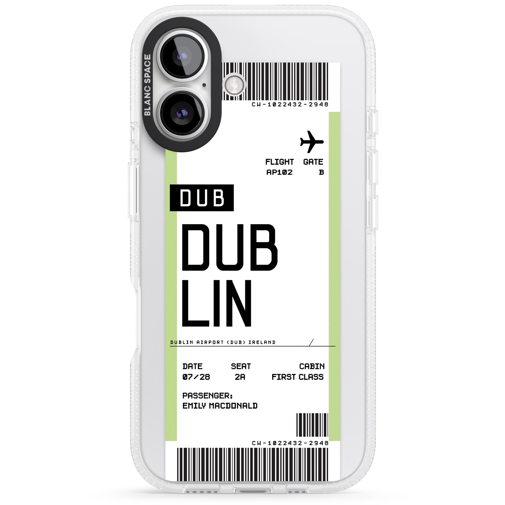Personalised Dublin Boarding Pass iPhone 16 / 16 Plus Clear Case Impact Air - Blanc Space