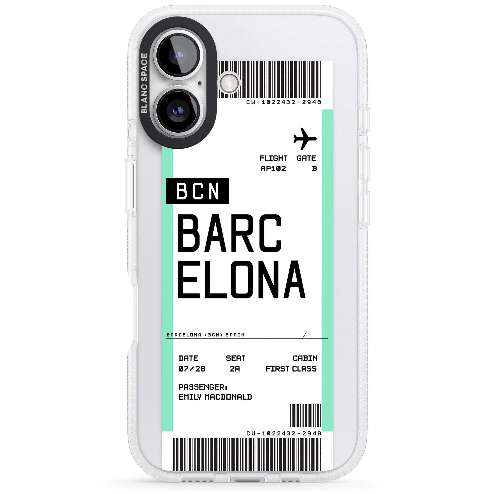 Personalised Barcelona Boarding Pass iPhone 16 / 16 Plus Clear Case Impact Air - Blanc Space