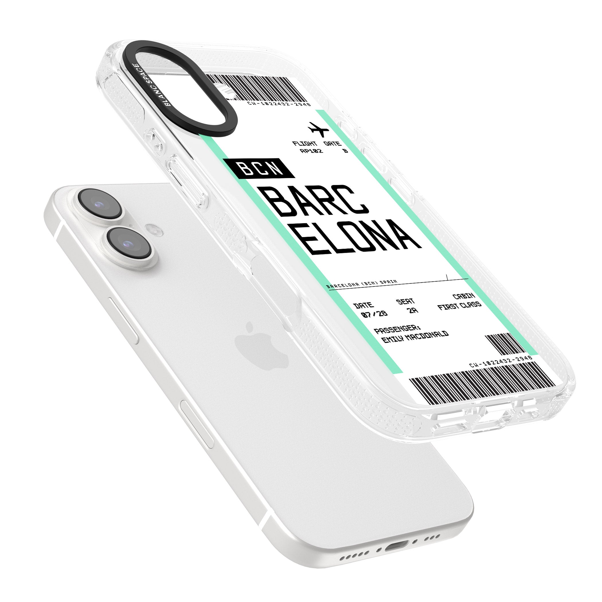 Personalised Barcelona Boarding Pass iPhone 16 / 16 Plus Clear Case Impact Air - Blanc Space