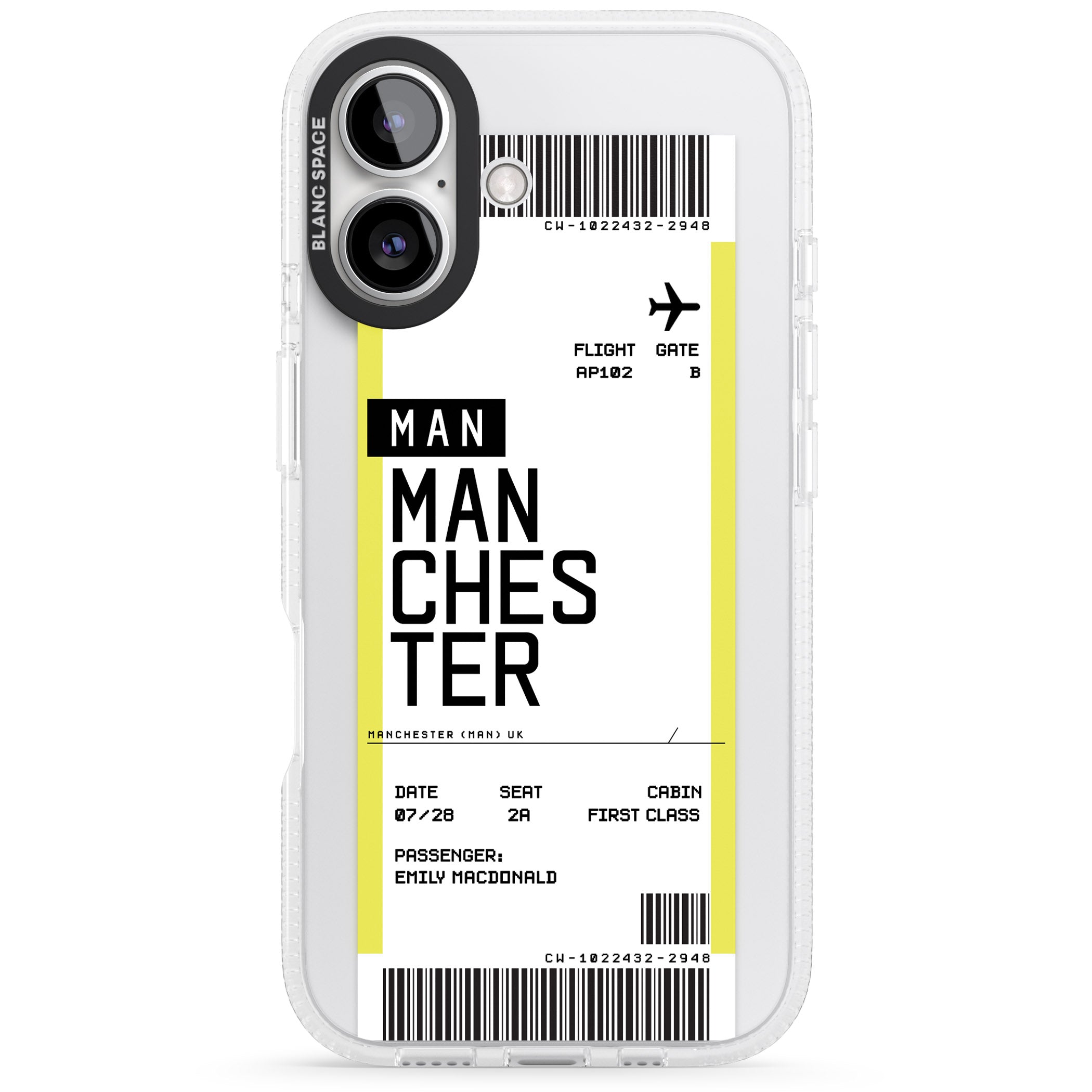 Personalised Manchester Boarding Pass iPhone 16 / 16 Plus Clear Case Impact Air - Blanc Space