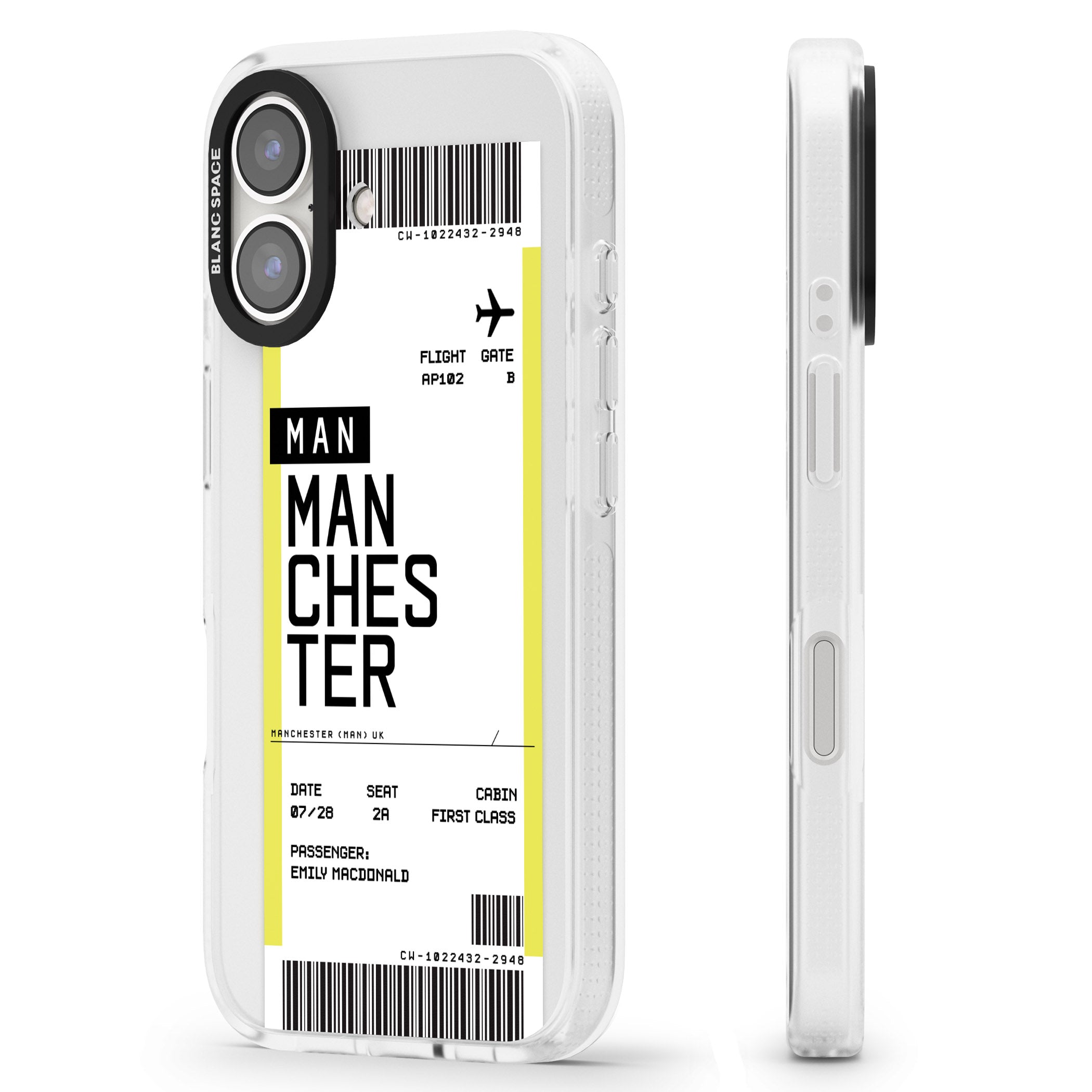 Personalised Manchester Boarding Pass iPhone 16 / 16 Plus Clear Case Impact Air - Blanc Space