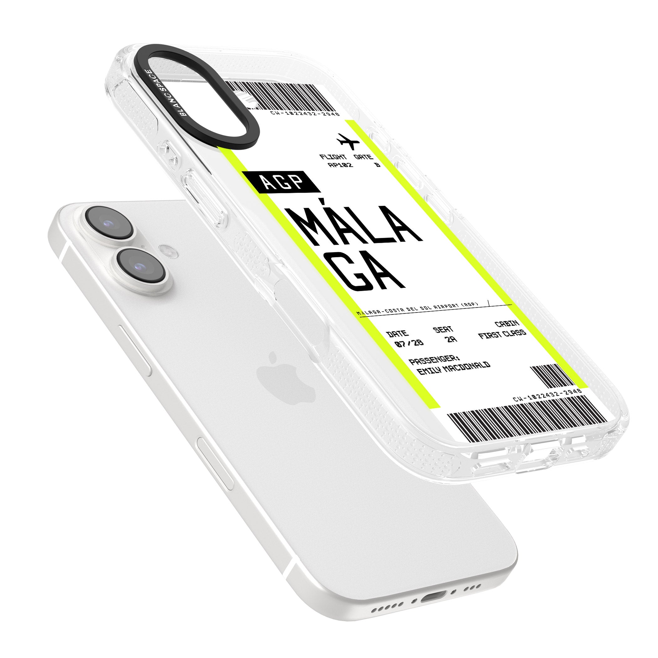 Personalised Málaga Boarding Pass iPhone 16 / 16 Plus Clear Case Impact Air - Blanc Space
