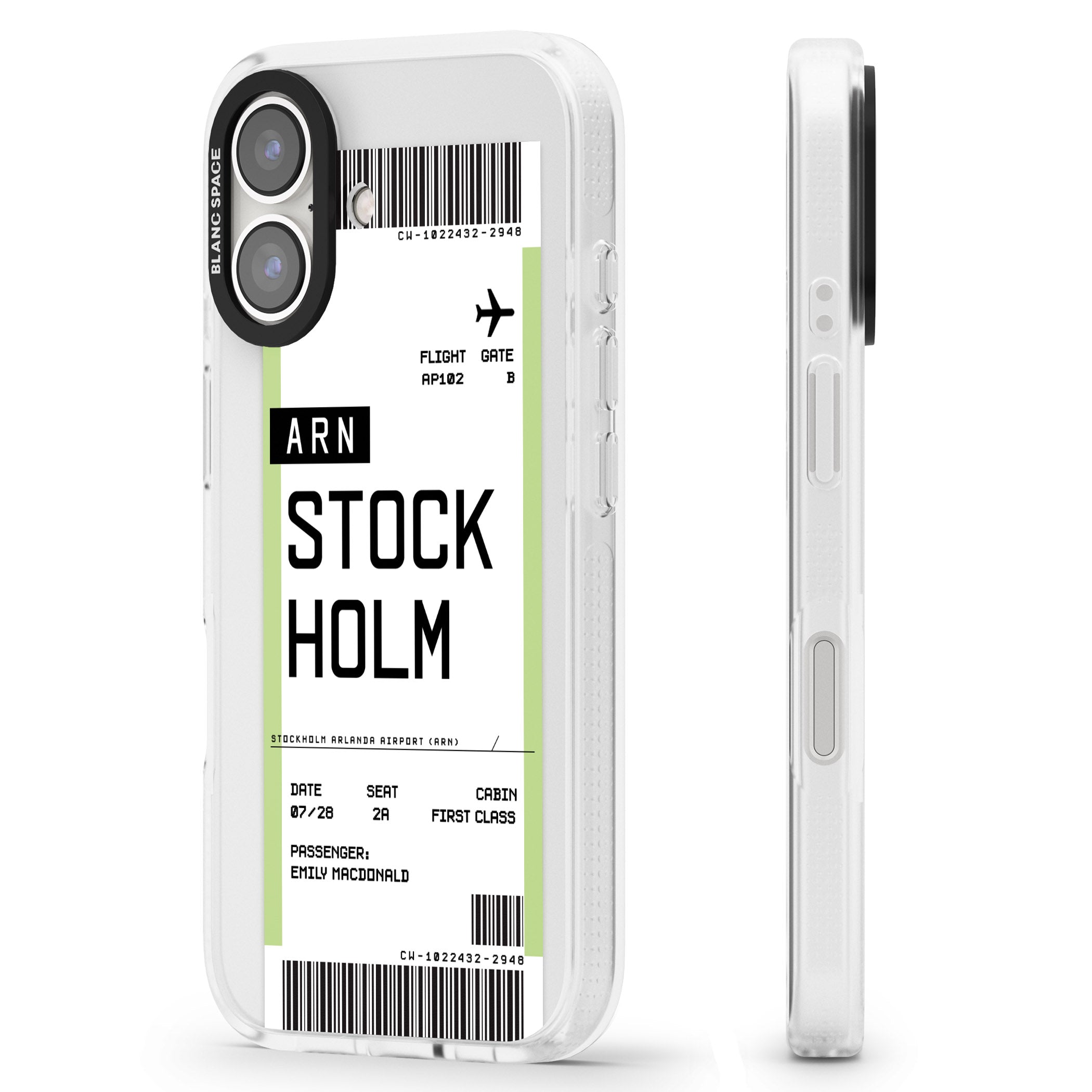 Personalised Stockholm Boarding Pass iPhone 16 / 16 Plus Clear Case Impact Air - Blanc Space