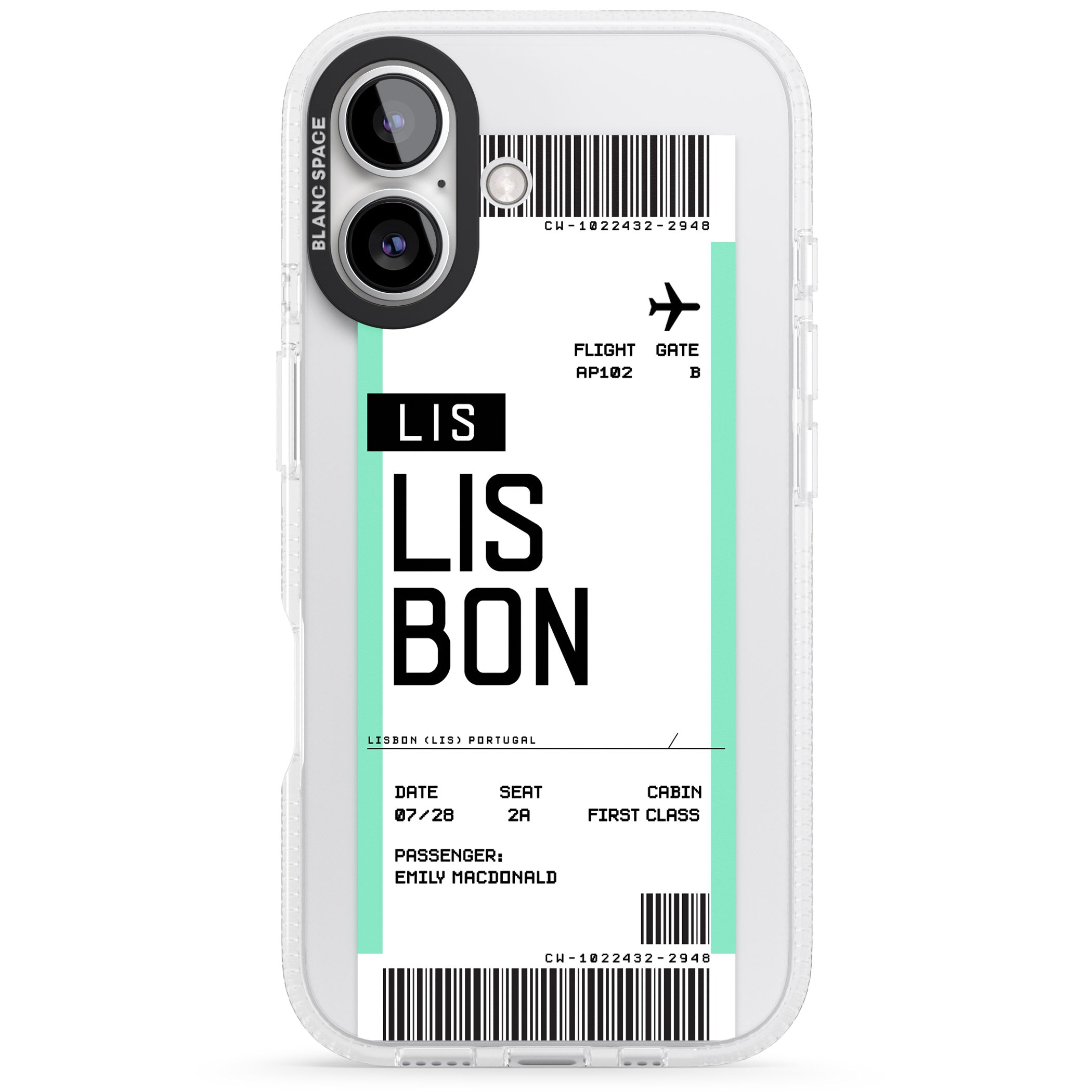 Personalised Lisbon Boarding Pass iPhone 16 / 16 Plus Clear Case Impact Air - Blanc Space