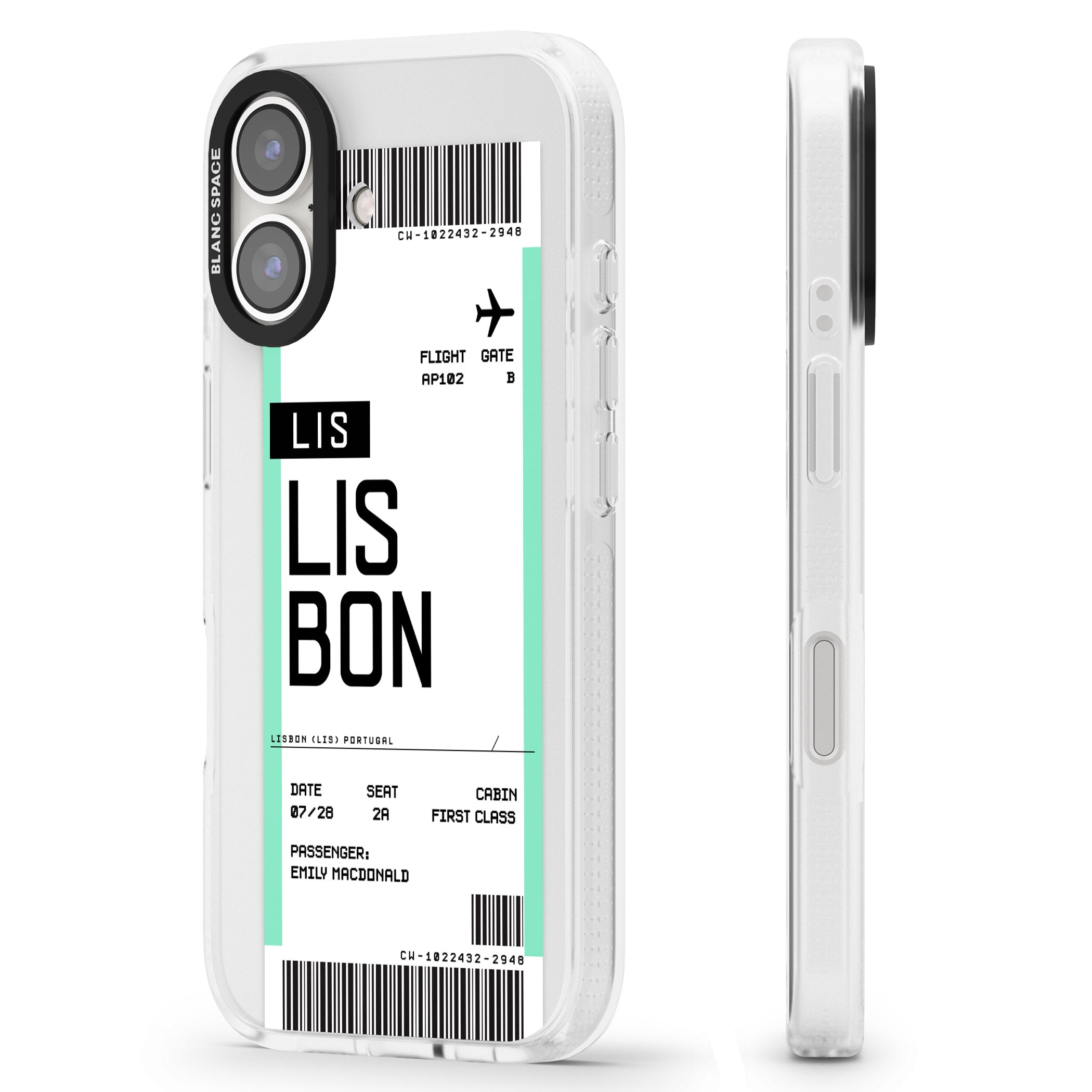 Personalised Lisbon Boarding Pass iPhone 16 / 16 Plus Clear Case Impact Air - Blanc Space