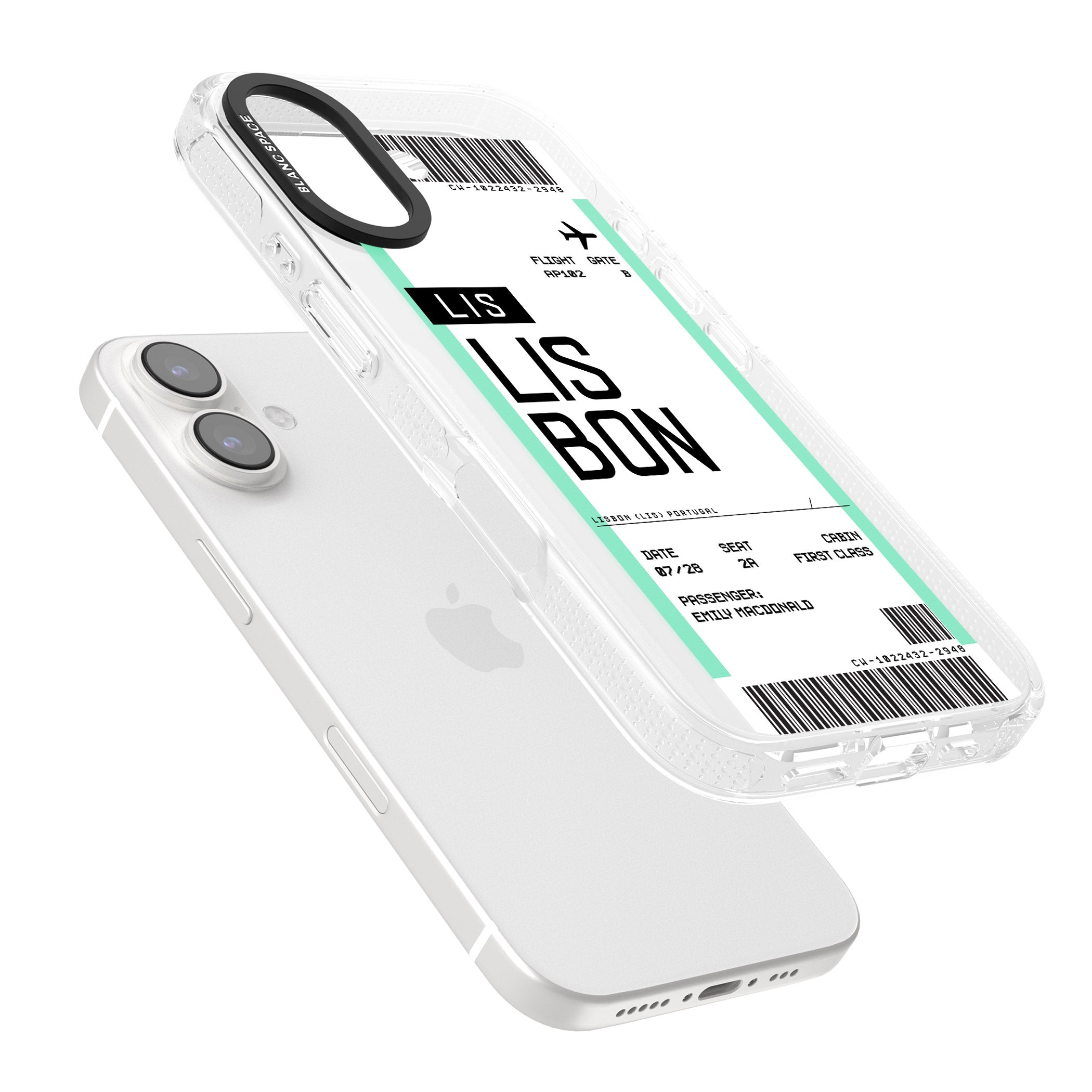 Personalised Lisbon Boarding Pass iPhone 16 / 16 Plus Clear Case Impact Air - Blanc Space
