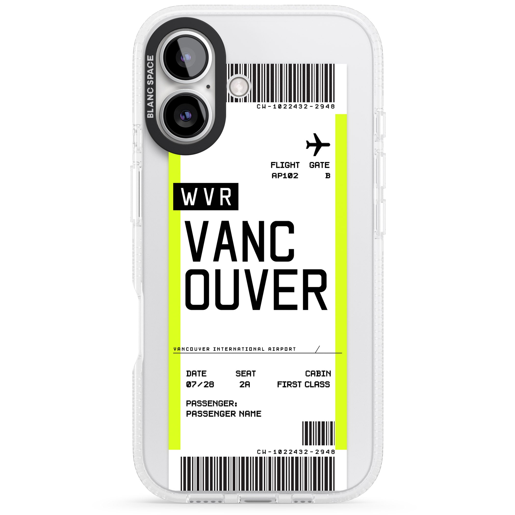 Personalised Vancouver Boarding Pass iPhone 16 / 16 Plus Clear Case Impact Air - Blanc Space