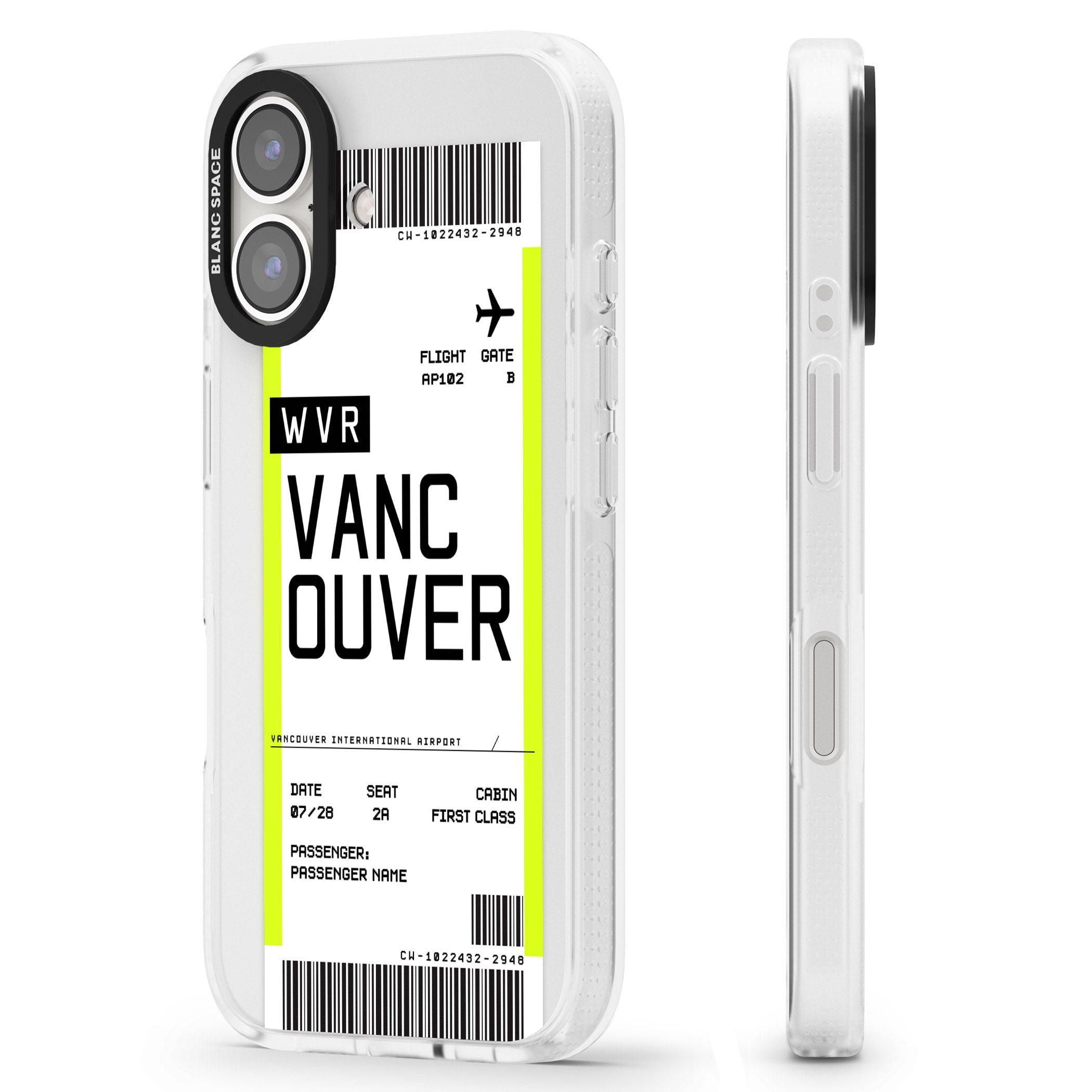 Personalised Vancouver Boarding Pass iPhone 16 / 16 Plus Clear Case Impact Air - Blanc Space