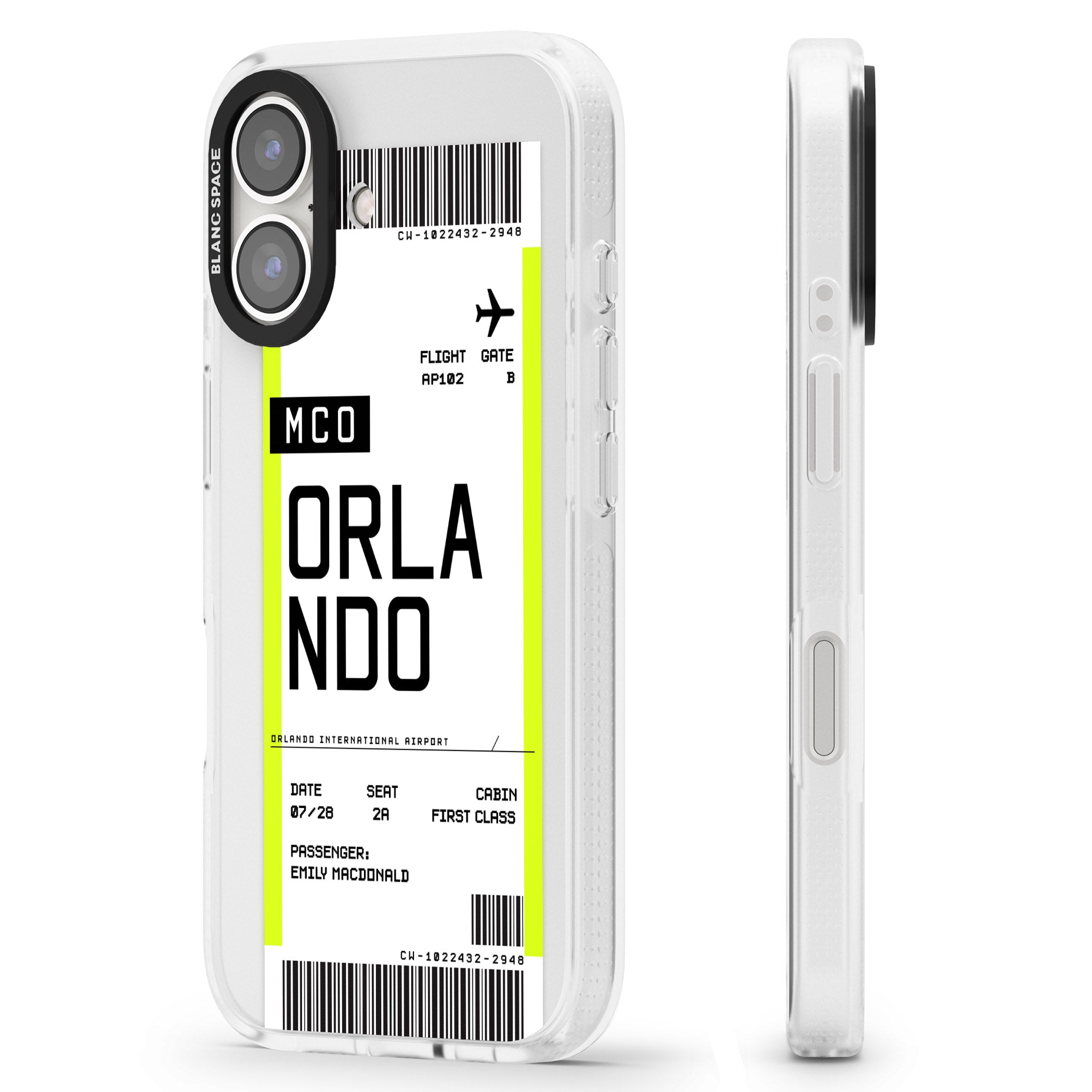 Personalised Orlando Boarding Pass iPhone 16 / 16 Plus Clear Case Impact Air - Blanc Space