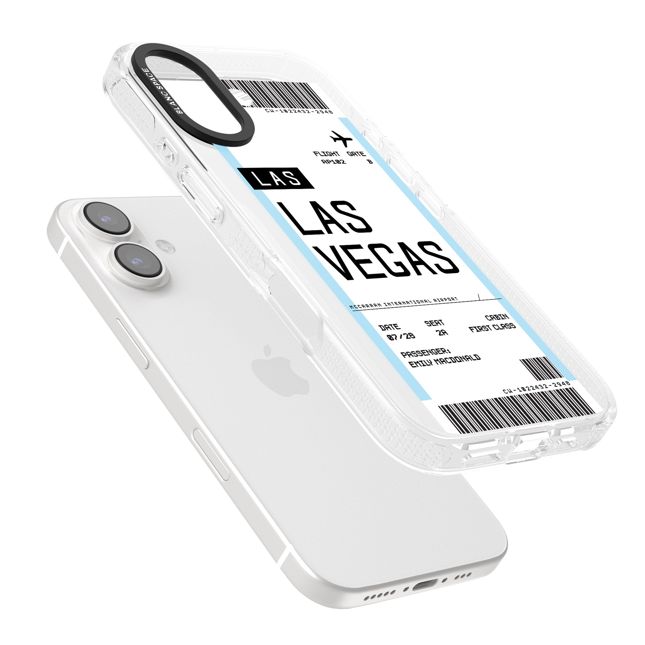 Personalised Las Vegas Boarding Pass iPhone 16 / 16 Plus Clear Case Impact Air - Blanc Space