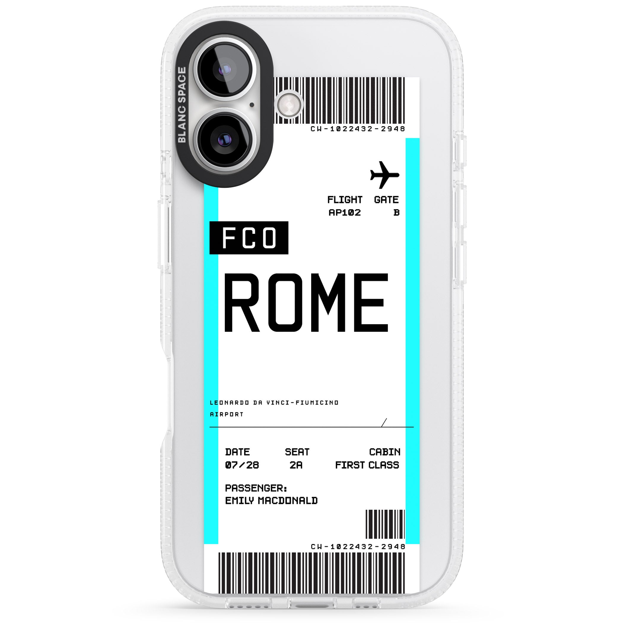 Personalised Rome Boarding Pass iPhone 16 / 16 Plus Clear Case Impact Air - Blanc Space