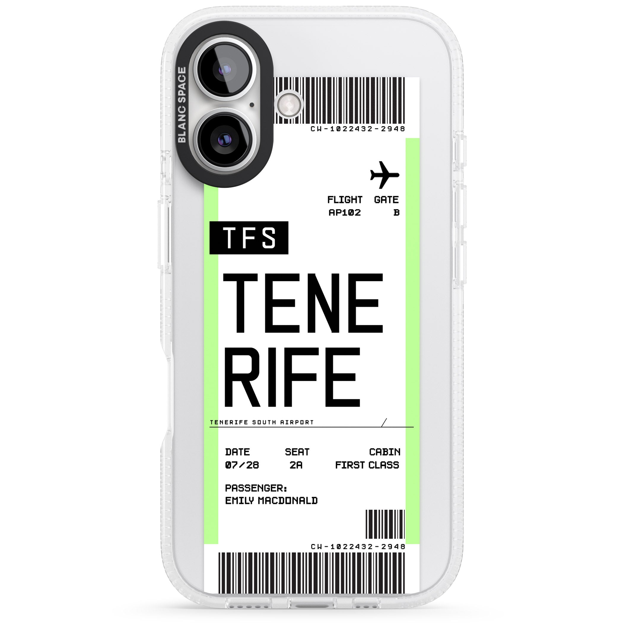 Personalised Tenerife Boarding Pass iPhone 16 / 16 Plus Clear Case Impact Air - Blanc Space