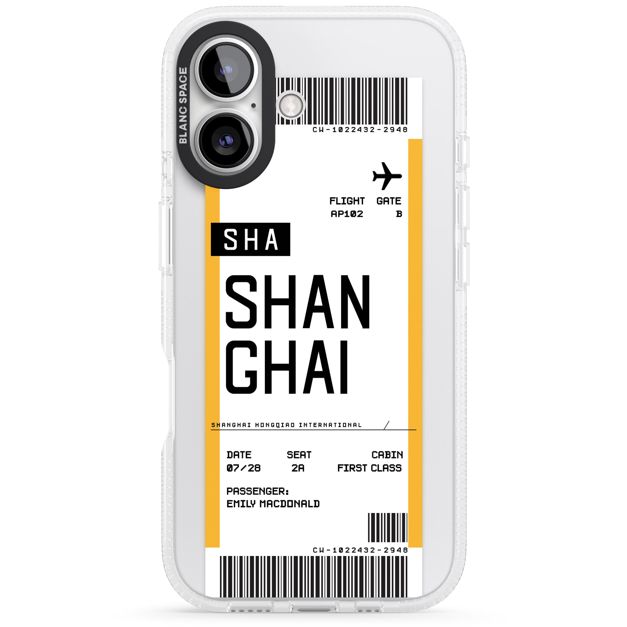 Personalised Shangai Boarding Pass iPhone 16 / 16 Plus Clear Case Impact Air - Blanc Space