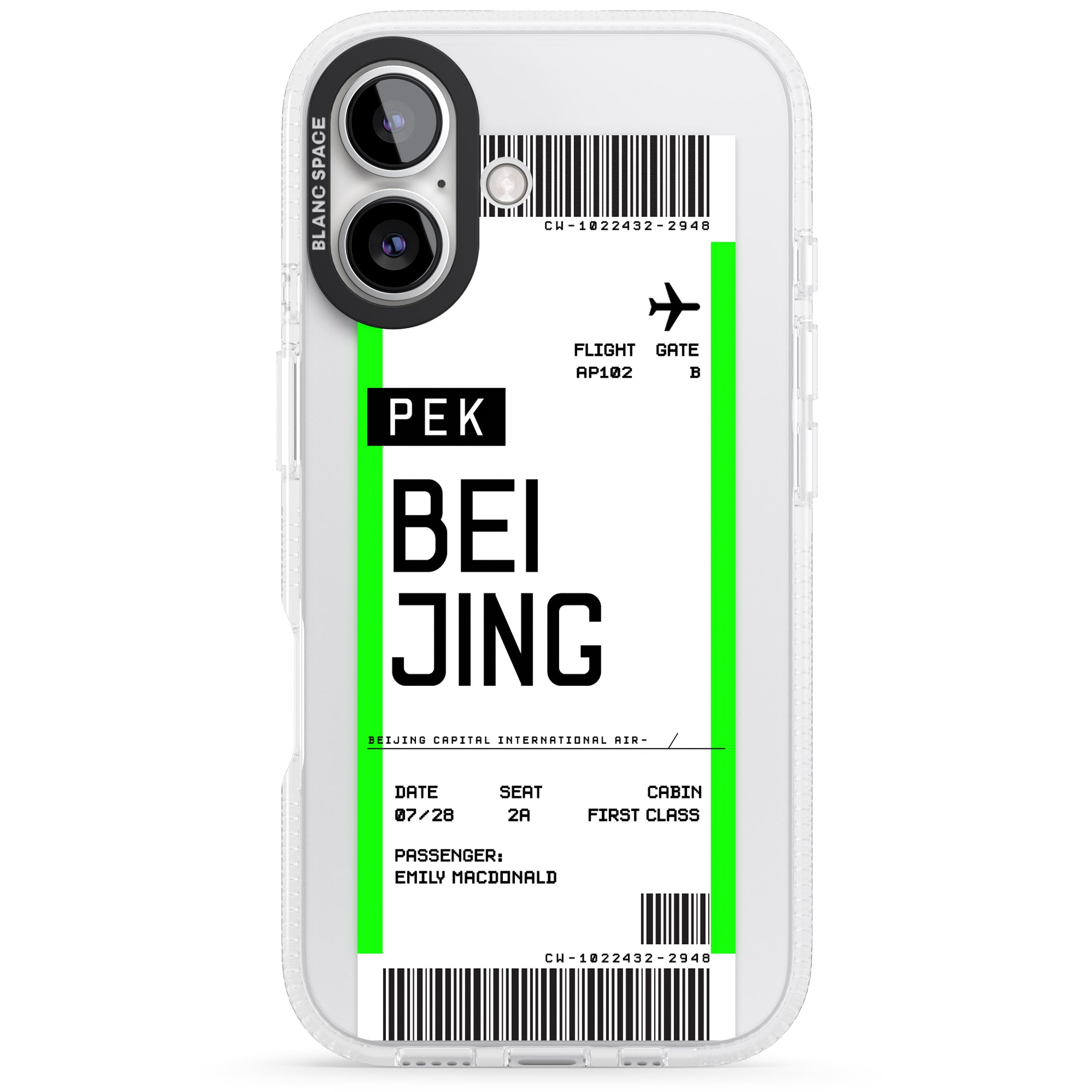 Personalised Beijing Boarding Pass iPhone 16 / 16 Plus Clear Case Impact Air - Blanc Space