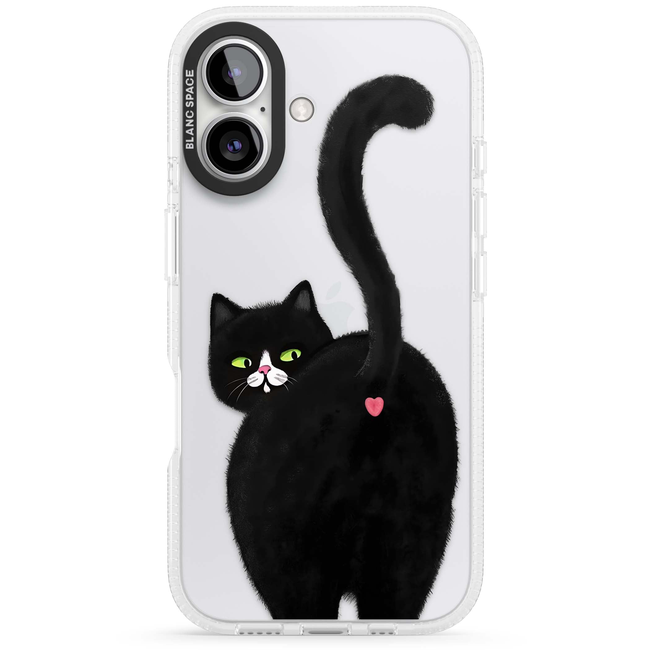 The Cat's Kiss cute cat iPhone case featuring a hand-painted tuxedo kitty with green eyes and a pink heart on a clear | Clear Case Impact Air case for iPhone 16, iPhone 16 Plus