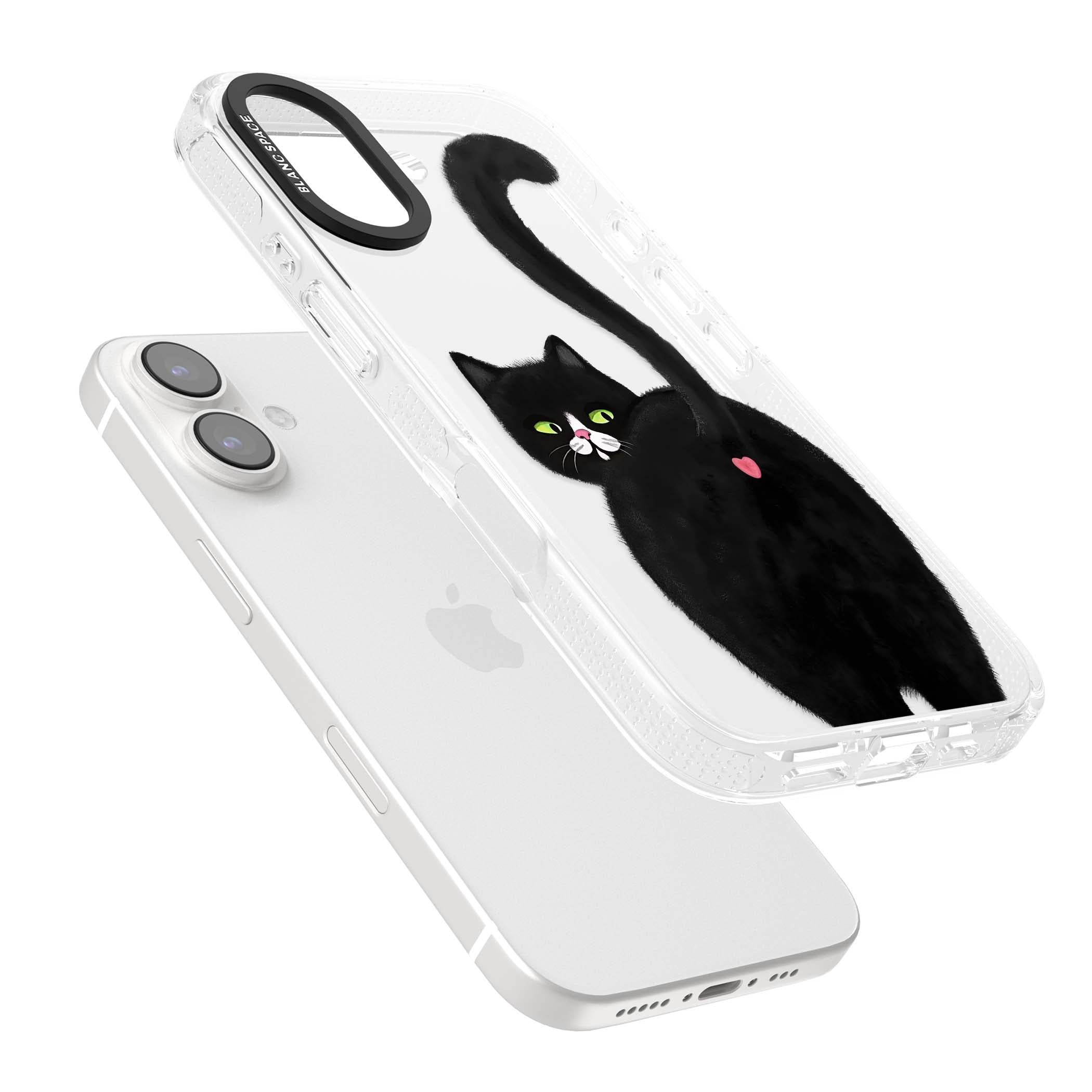 The Cat's Kiss cute cat iPhone case featuring a hand-painted tuxedo kitty with green eyes and a pink heart on a clear | Clear Case Impact Air case for iPhone 16, iPhone 16 Plus