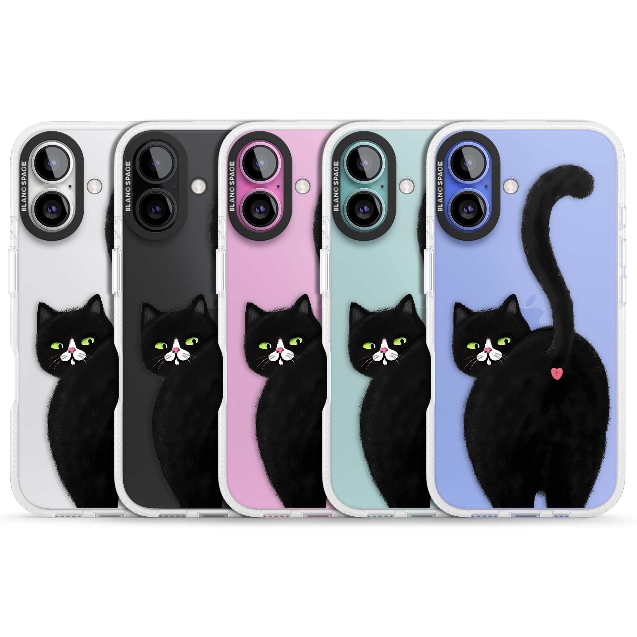 The Cat's Kiss cute cat iPhone case featuring a hand-painted tuxedo kitty with green eyes and a pink heart on a clear | Clear Case Impact Air case for iPhone 16, iPhone 16 Plus