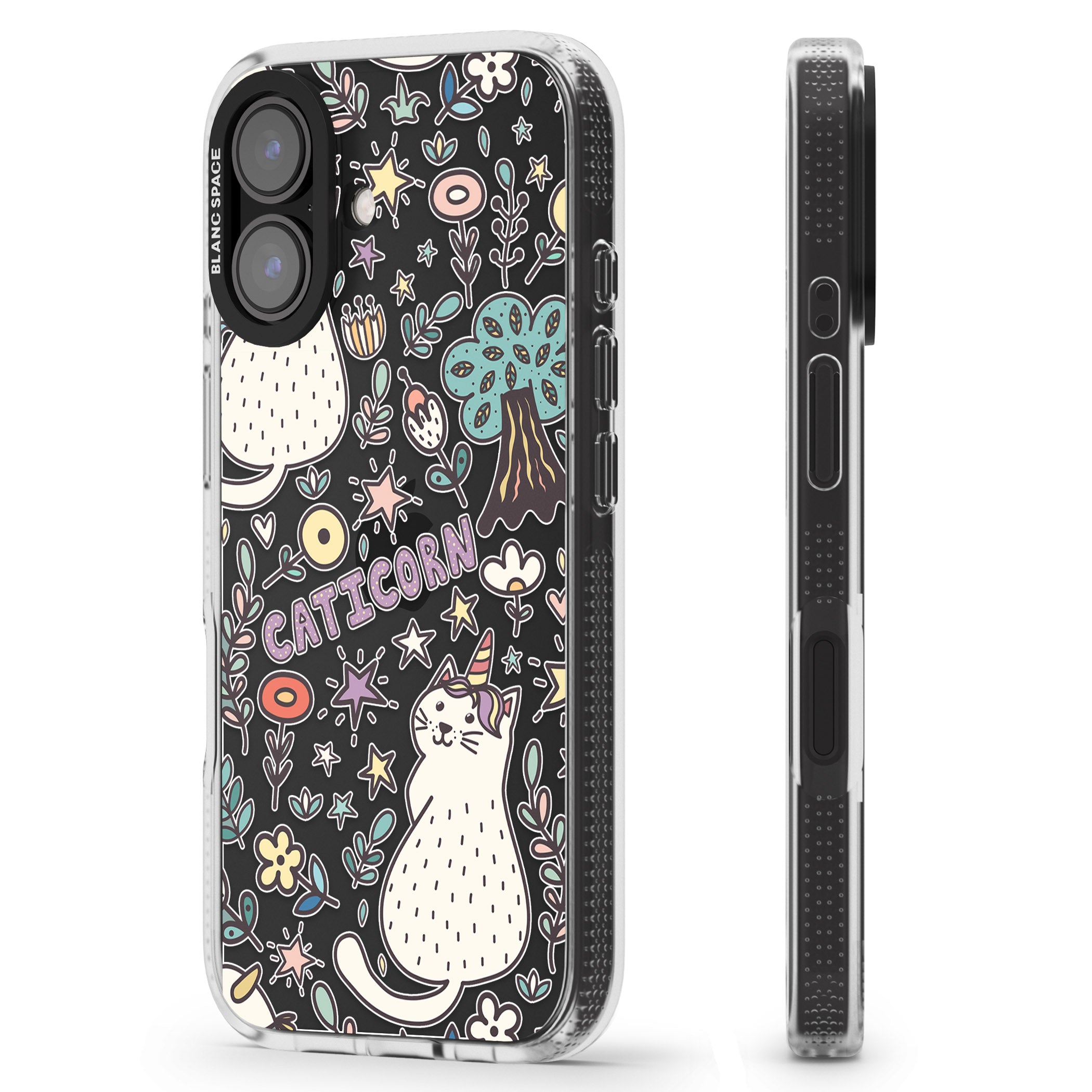 Caticorn pattern iPhone 16 / 16 Plus Clear Case Impact Air - Blanc Space