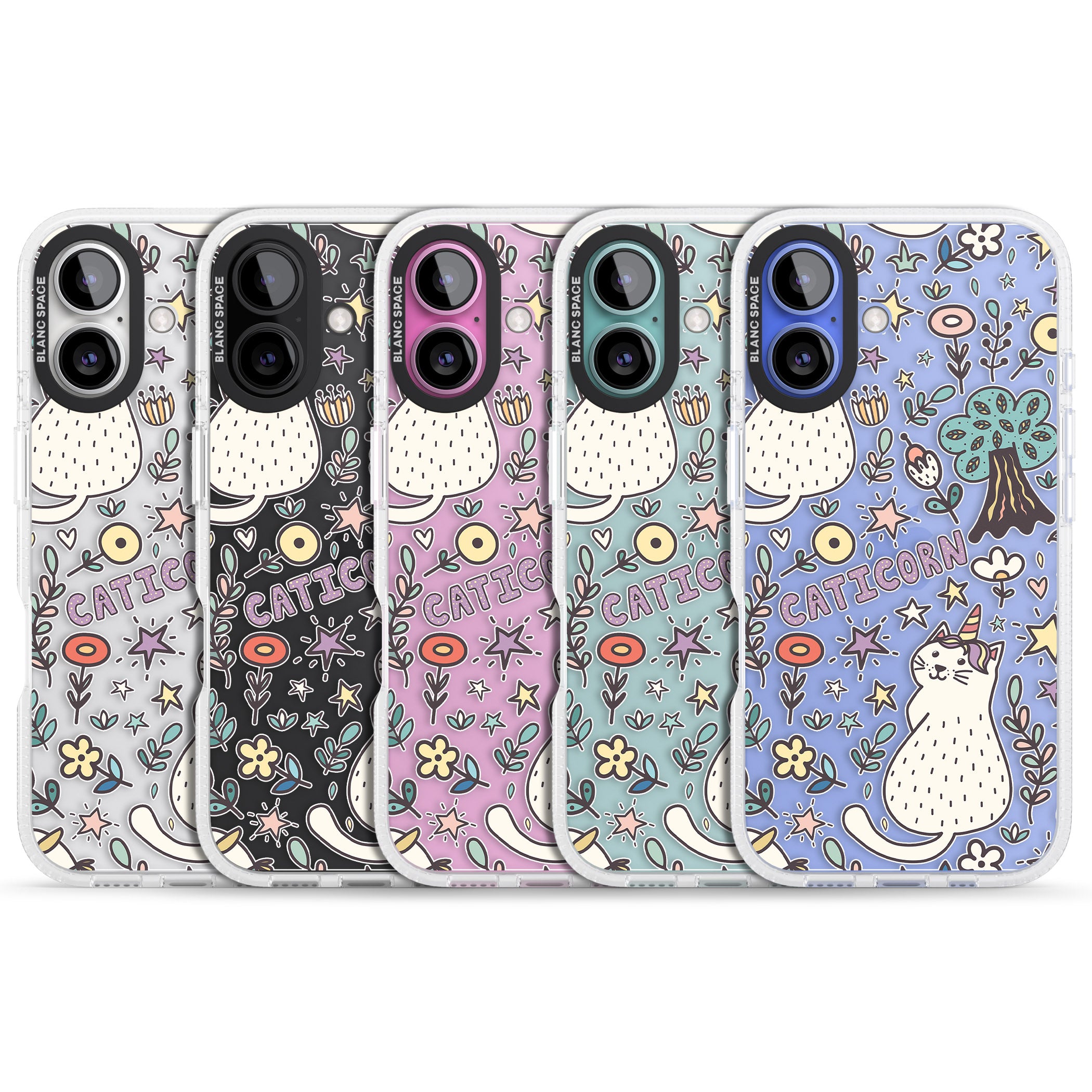 Caticorn pattern iPhone 16 / 16 Plus Clear Case Impact Air - Blanc Space