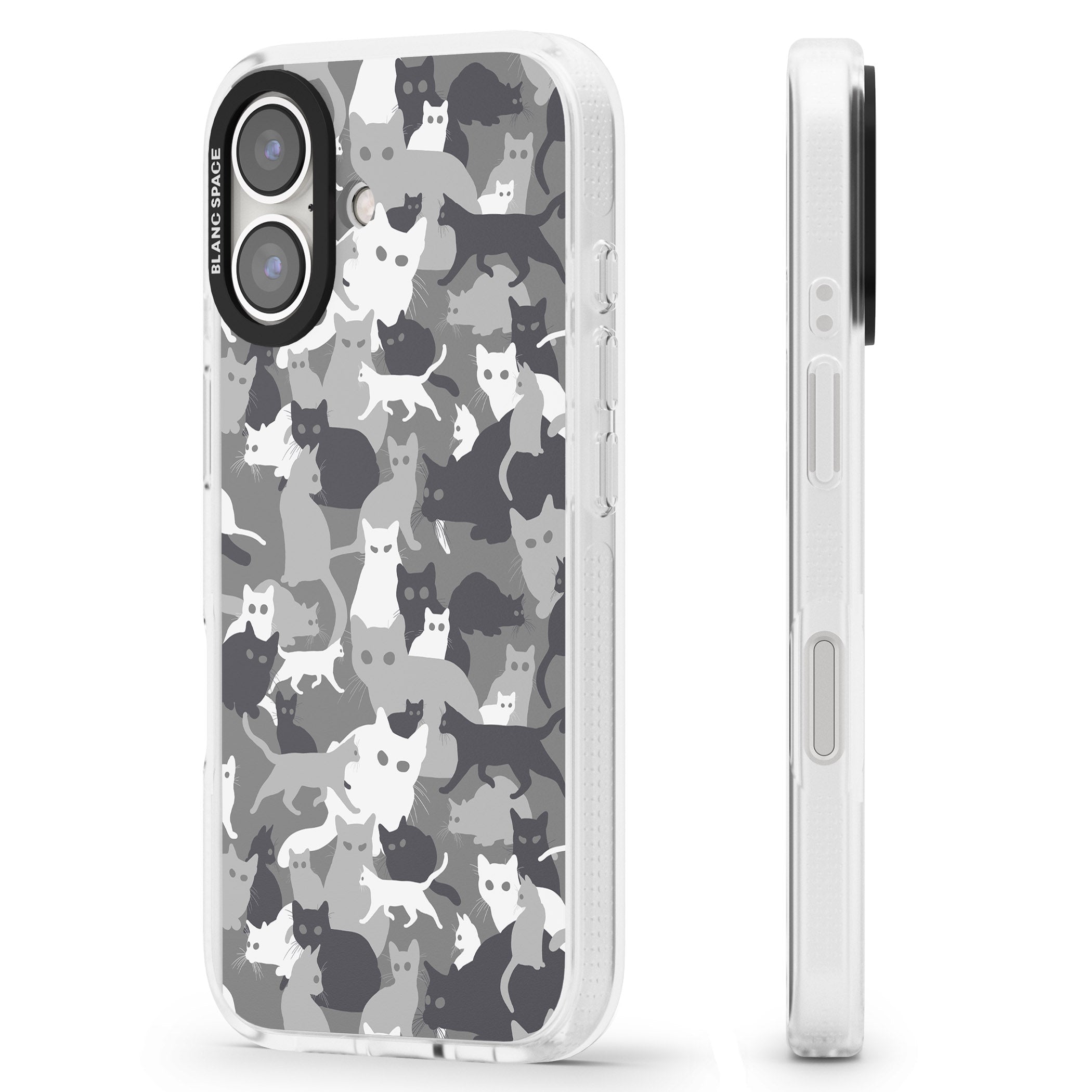 Dark Grey Cat Camouflage Pattern iPhone 16 / 16 Plus Clear Case Impact Air - Blanc Space