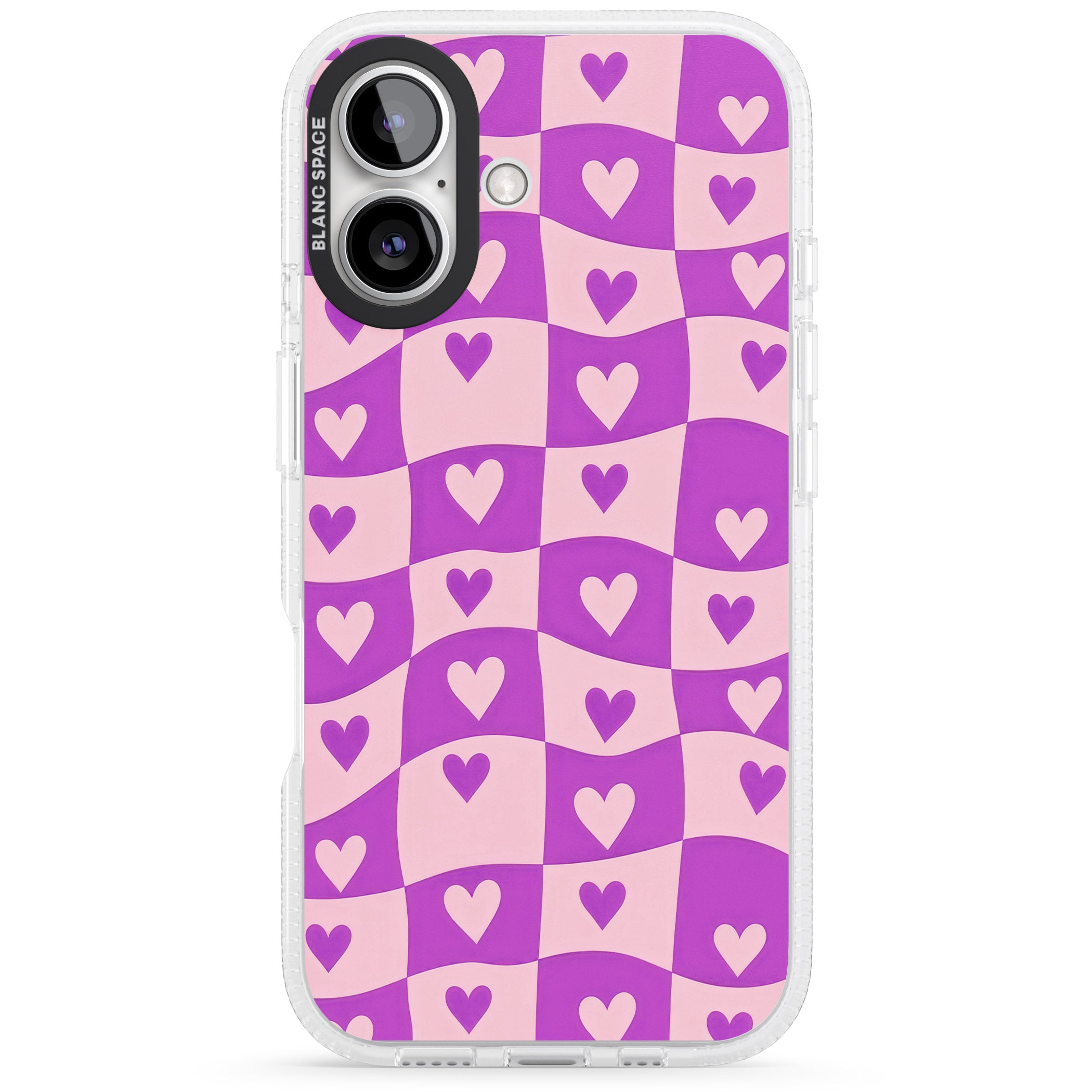 Purple Wavy Checked & Hearts iPhone 16 / 16 Plus Clear Case Impact Air - Blanc Space