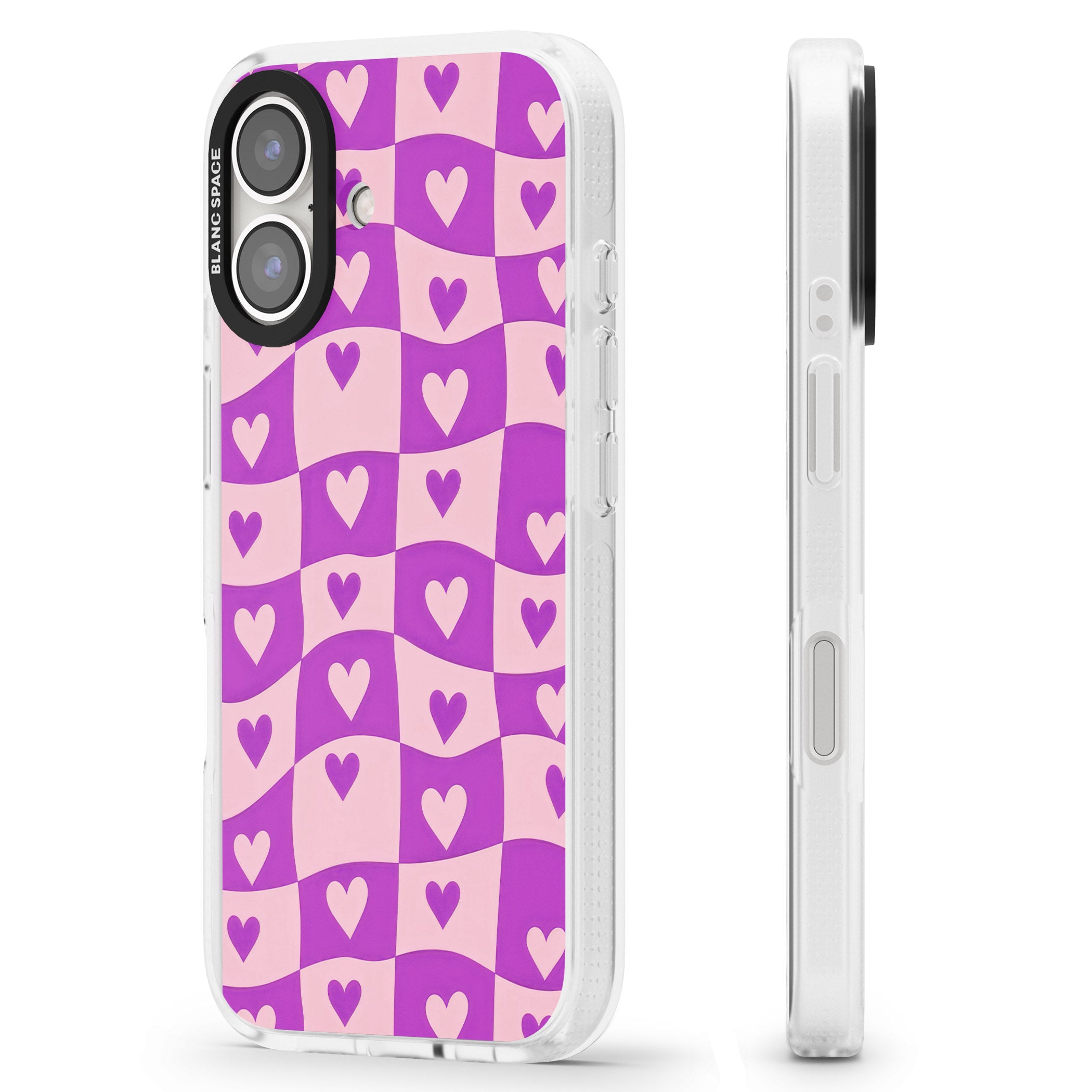Purple Wavy Checked & Hearts iPhone 16 / 16 Plus Clear Case Impact Air - Blanc Space