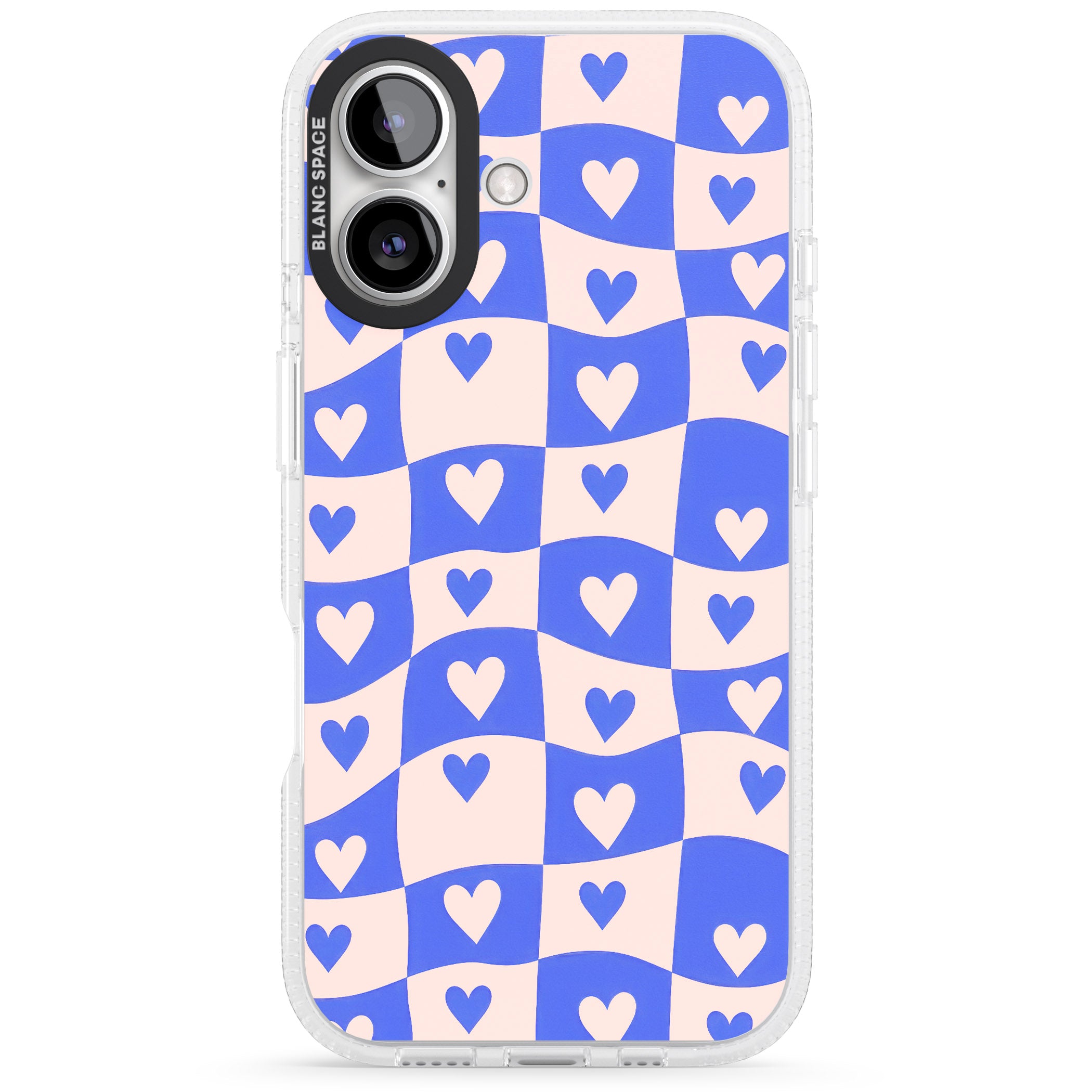 Blue Wavy Checked & Hearts iPhone 16 / 16 Plus Clear Case Impact Air - Blanc Space