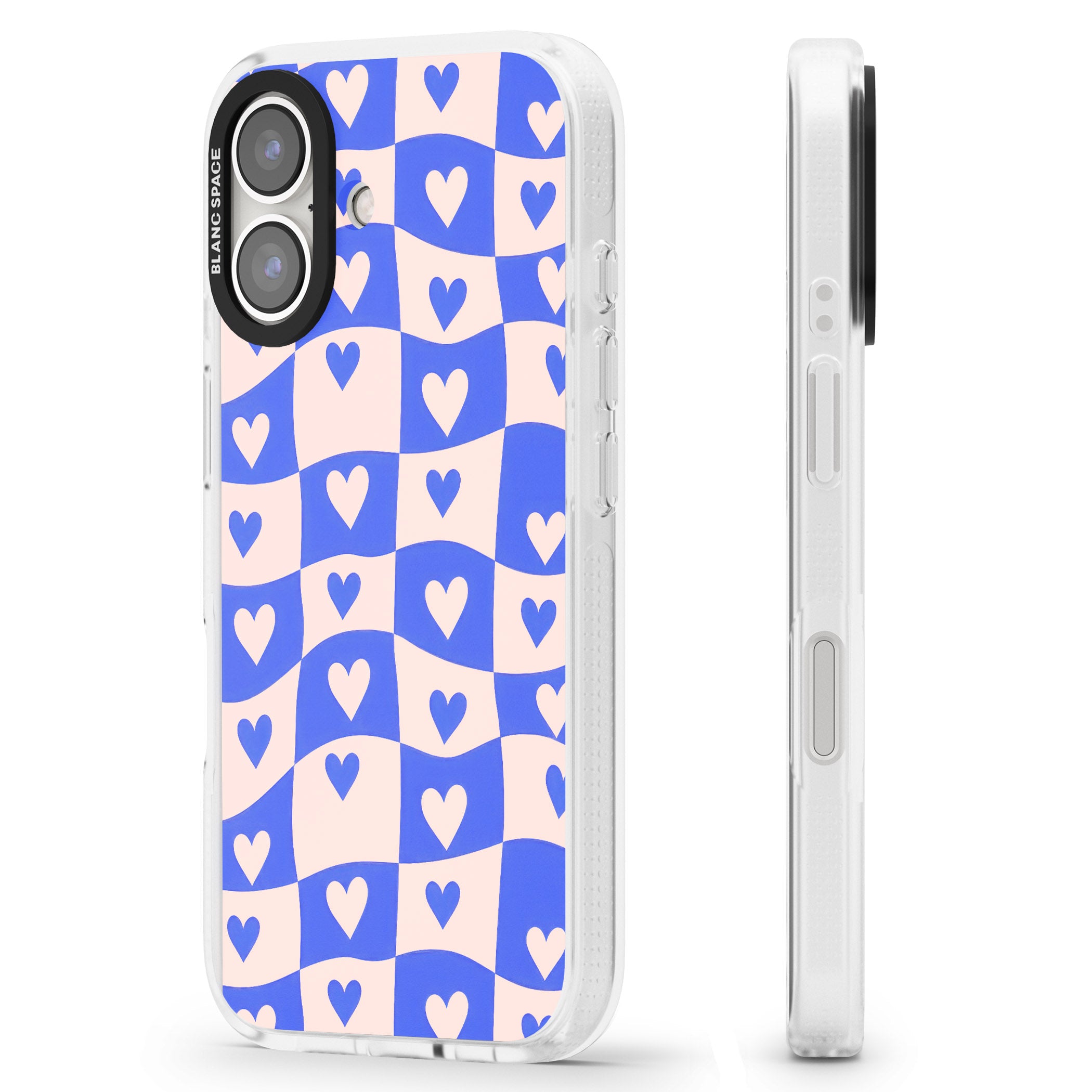Blue Wavy Checked & Hearts iPhone 16 / 16 Plus Clear Case Impact Air - Blanc Space