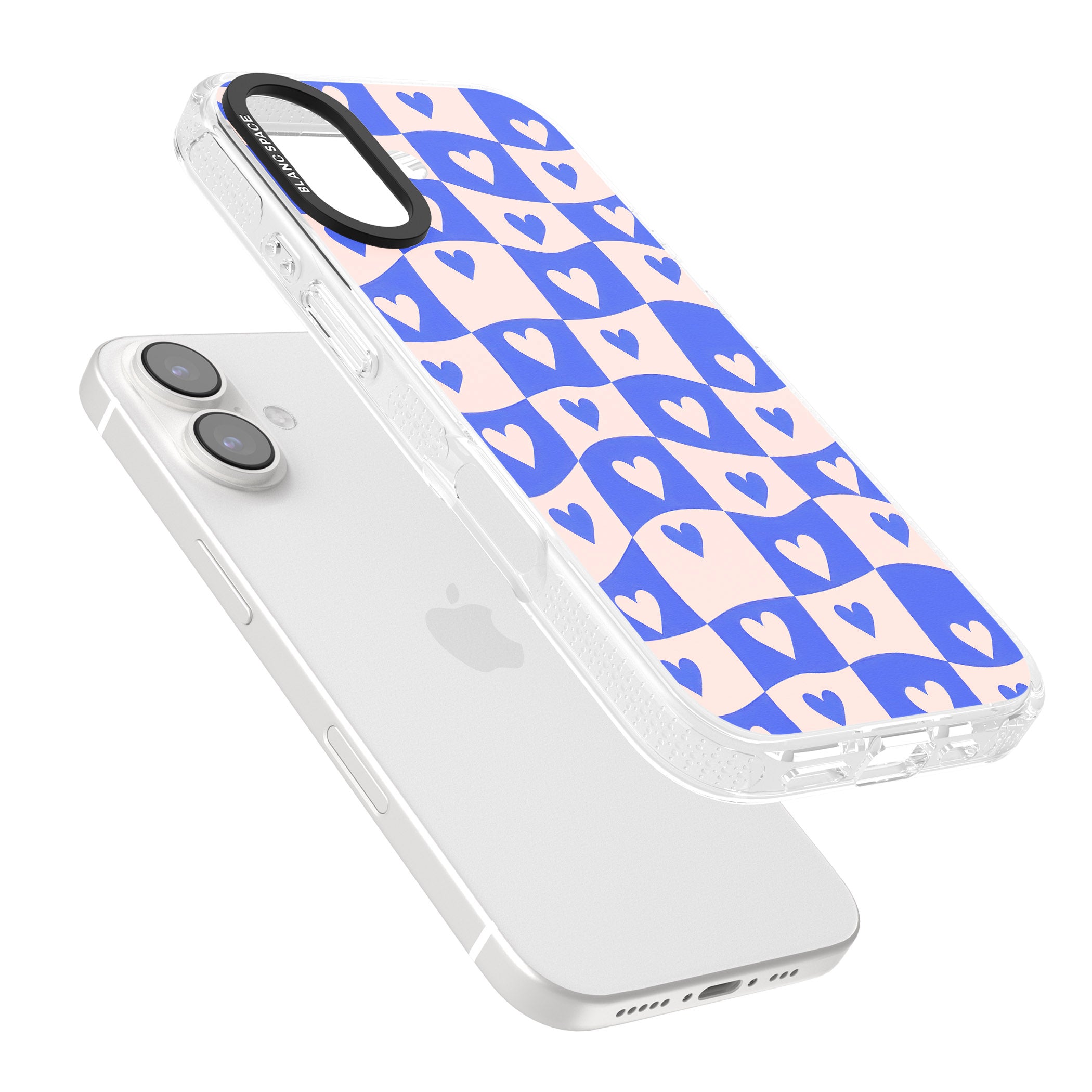 Blue Wavy Checked & Hearts iPhone 16 / 16 Plus Clear Case Impact Air - Blanc Space