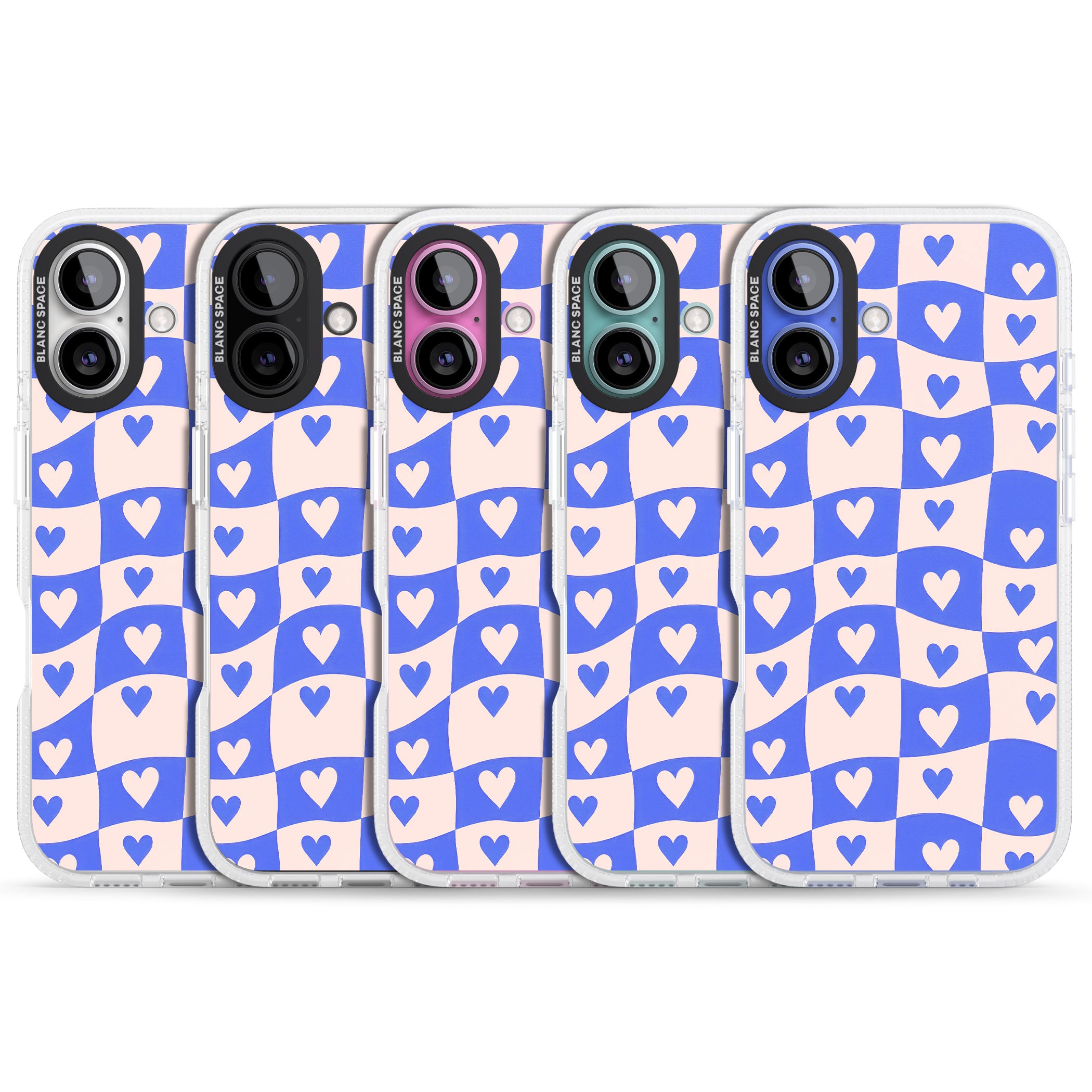 Blue Wavy Checked & Hearts iPhone 16 / 16 Plus Clear Case Impact Air - Blanc Space