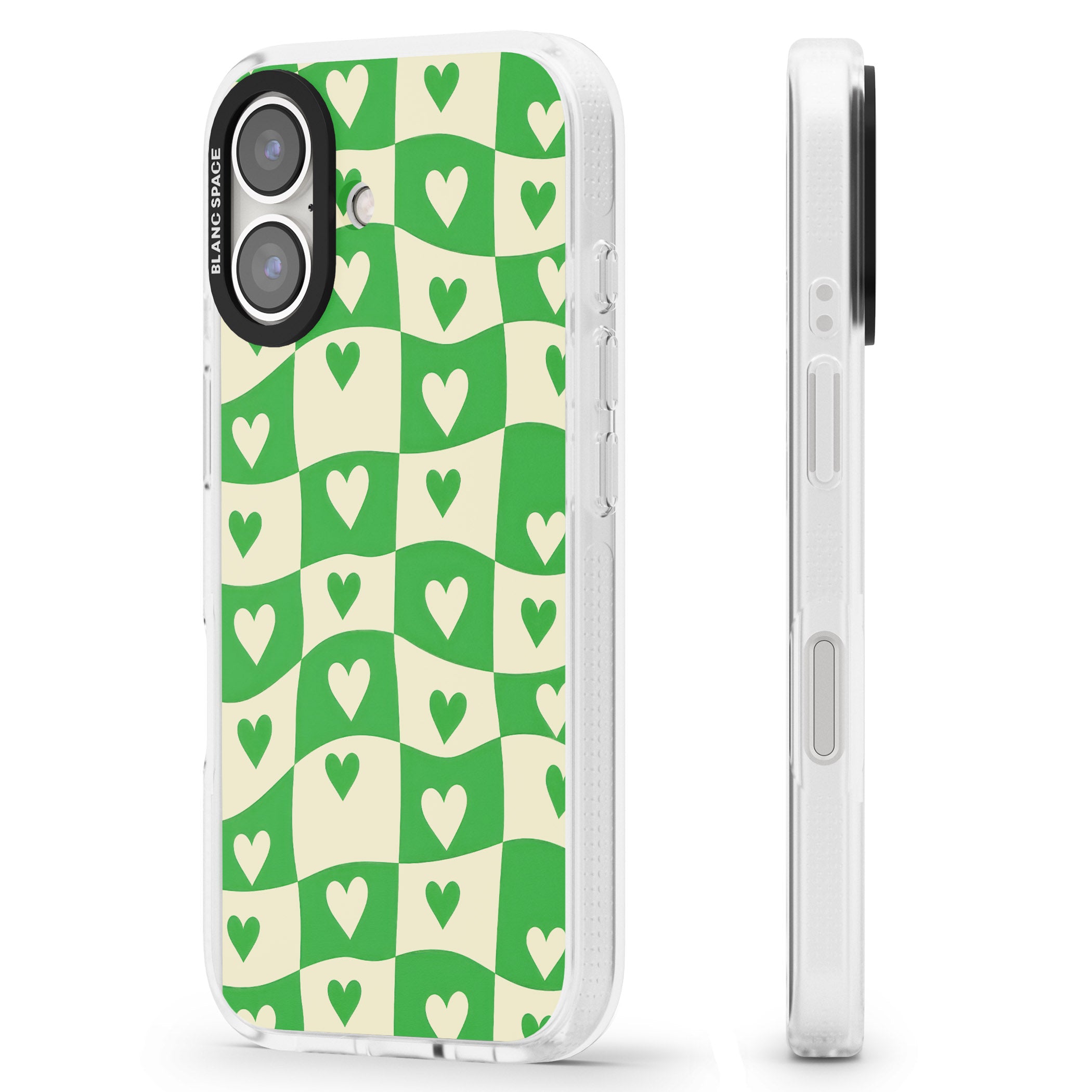 Green Wavy Checked & Hearts iPhone 16 / 16 Plus Clear Case Impact Air - Blanc Space