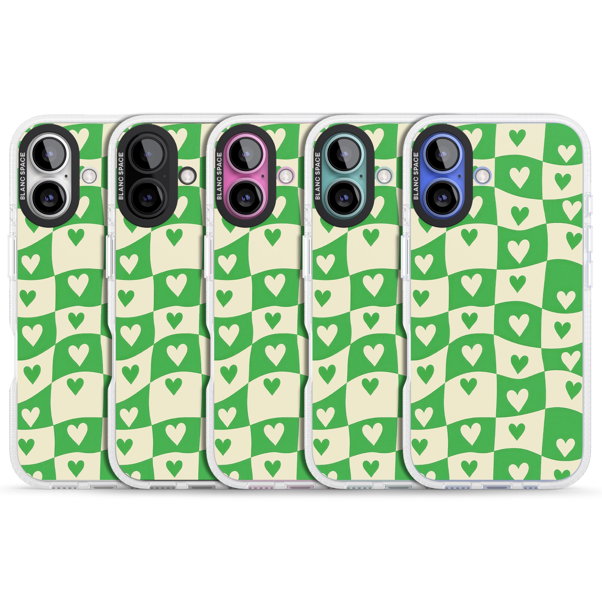 Green Wavy Checked & Hearts iPhone 16 / 16 Plus Clear Case Impact Air - Blanc Space
