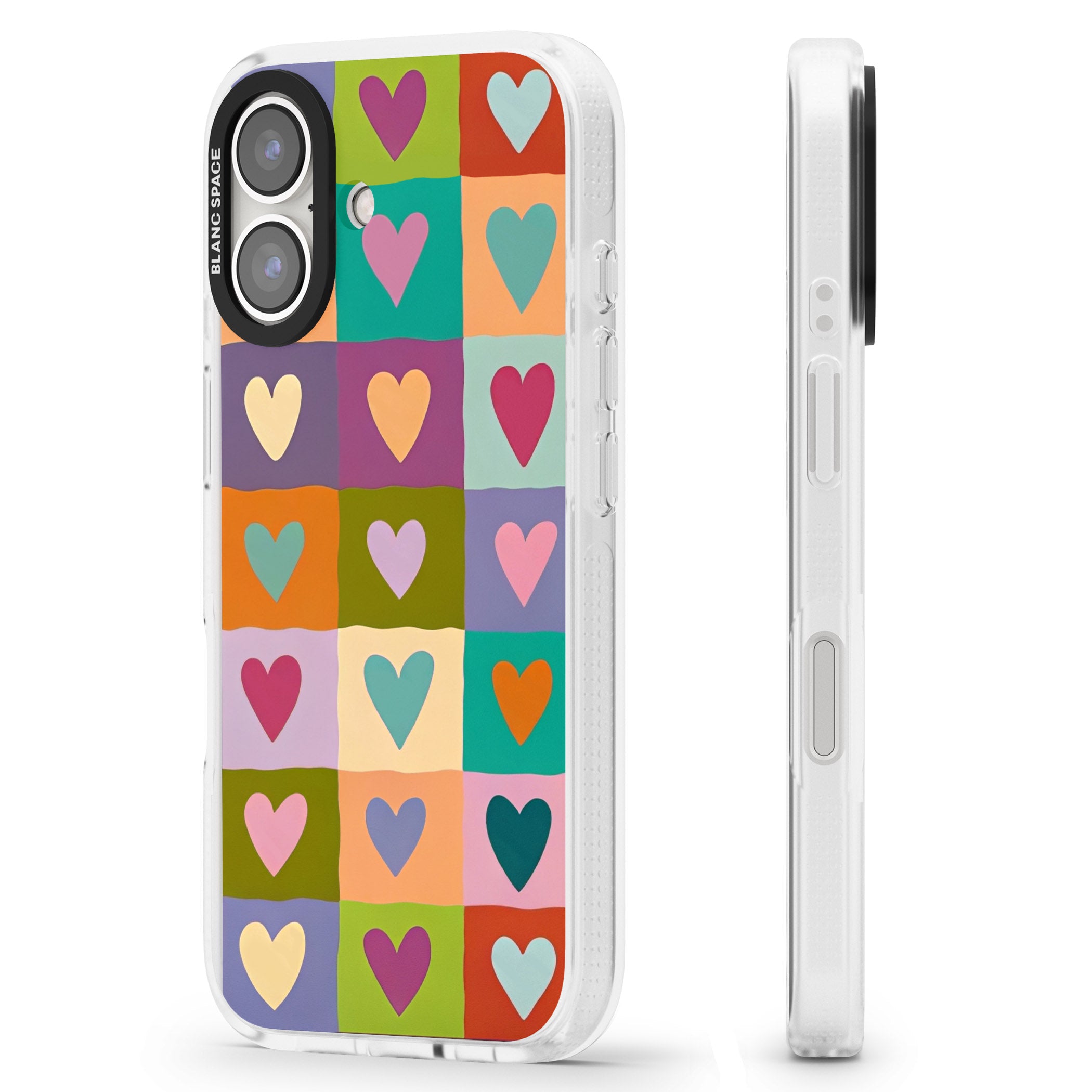Multicolour Checked Hearts iPhone 16 / 16 Plus Clear Case Impact Air - Blanc Space