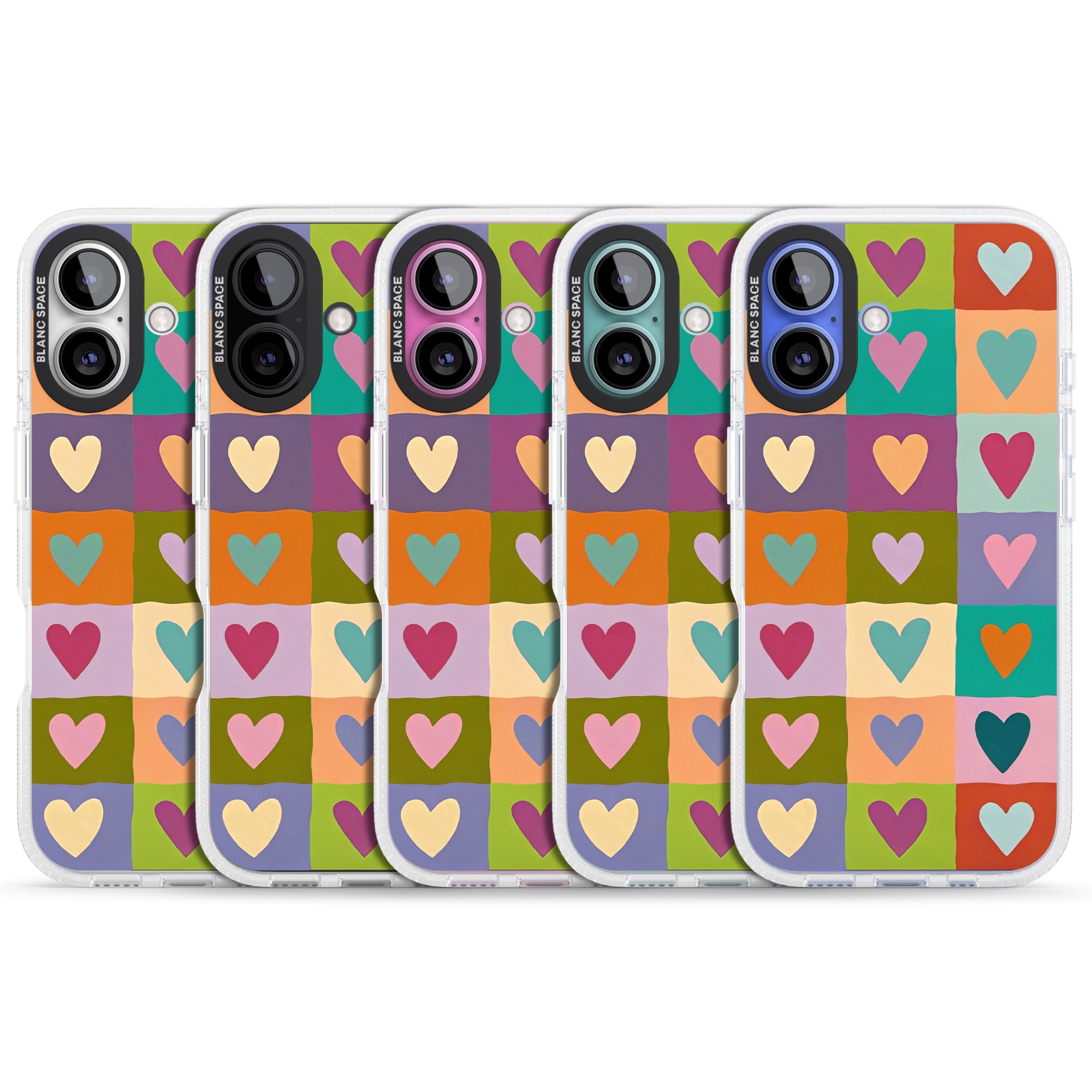 Multicolour Checked Hearts iPhone 16 / 16 Plus Clear Case Impact Air - Blanc Space