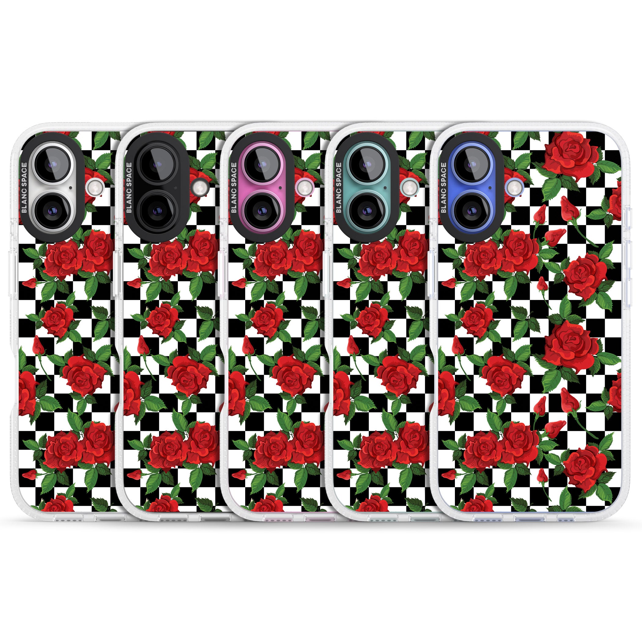 Checkered Pattern & Red Roses iPhone 16 / 16 Plus Clear Case Impact Air - Blanc Space