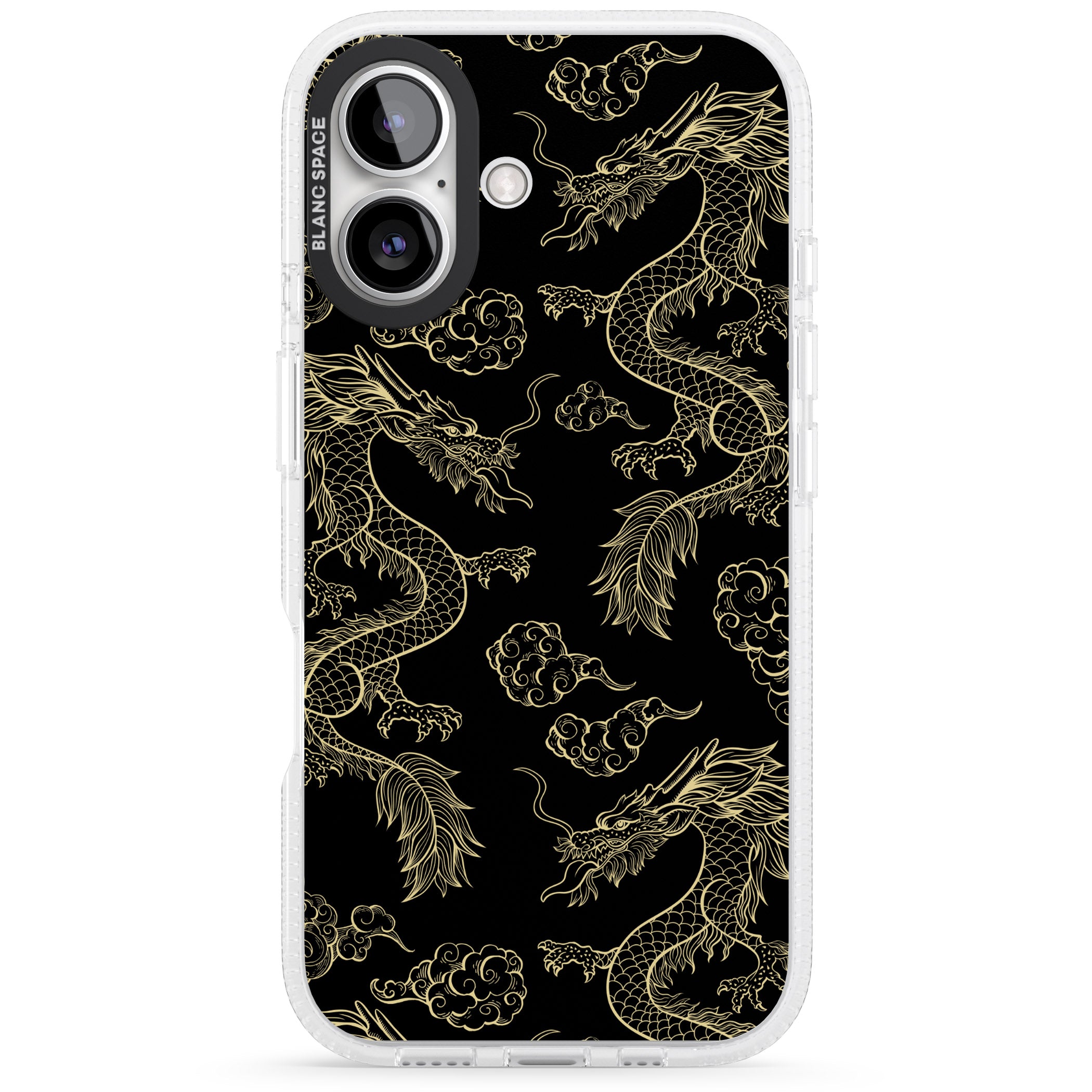 Black and Gold Dragon Pattern iPhone 16 / 16 Plus Clear Case Impact Air - Blanc Space