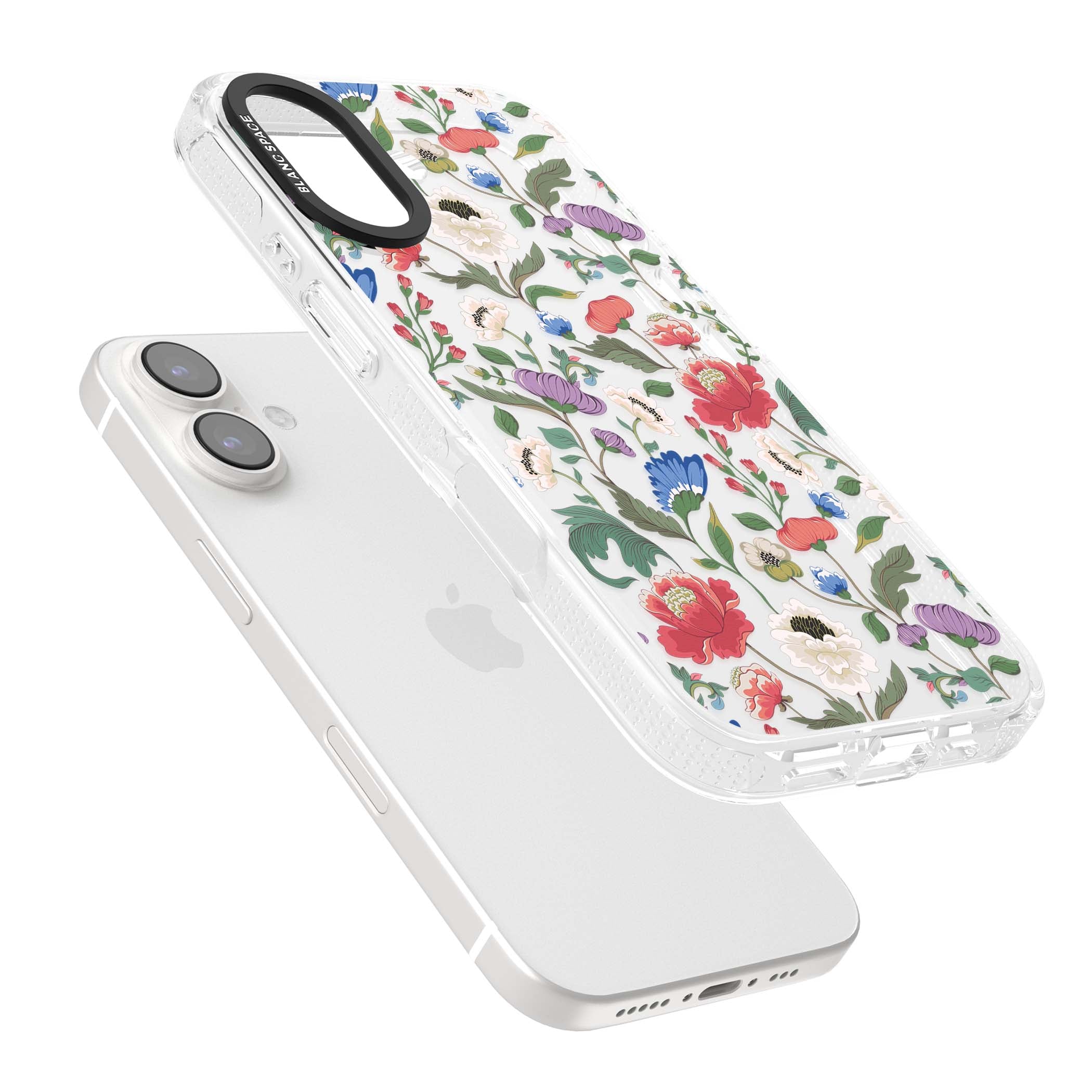 Chinoiserie Bloom vintage floral iPhone case featuring hand-painted peonies, poppies and trailing wildflowers on clear... | Clear Case Impact Air case for iPhone 16, iPhone 16 Plus