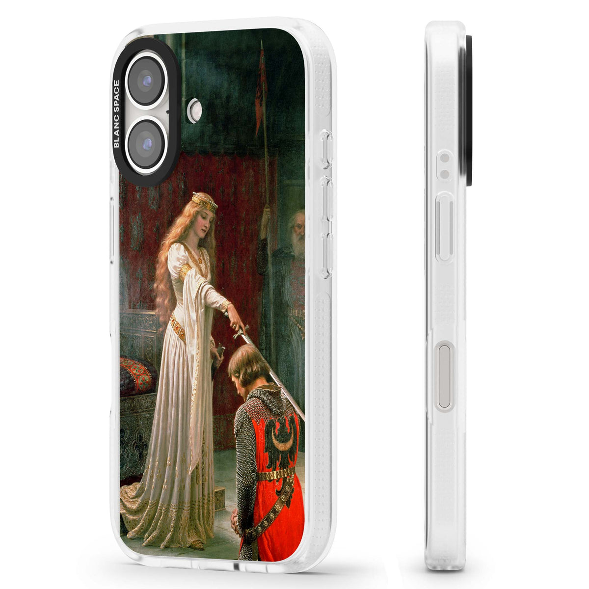 The Accolade renaissance art iPhone case featuring Edmund Blair Leighton's painting of a queen knighting a kneeling knight | Clear Case Impact Air case for iPhone 16, iPhone 16 Plus