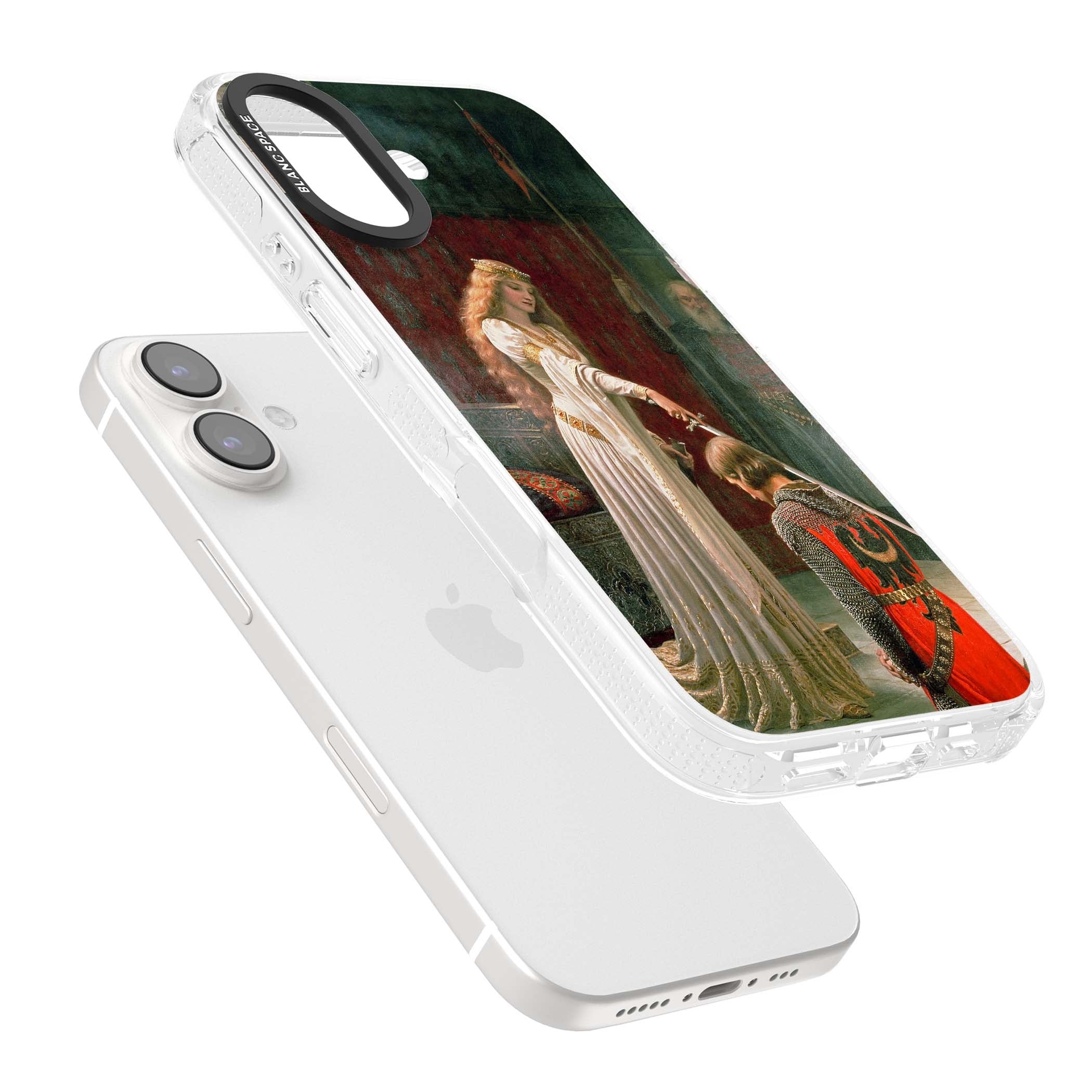 The Accolade renaissance art iPhone case featuring Edmund Blair Leighton's painting of a queen knighting a kneeling knight | Clear Case Impact Air case for iPhone 16, iPhone 16 Plus