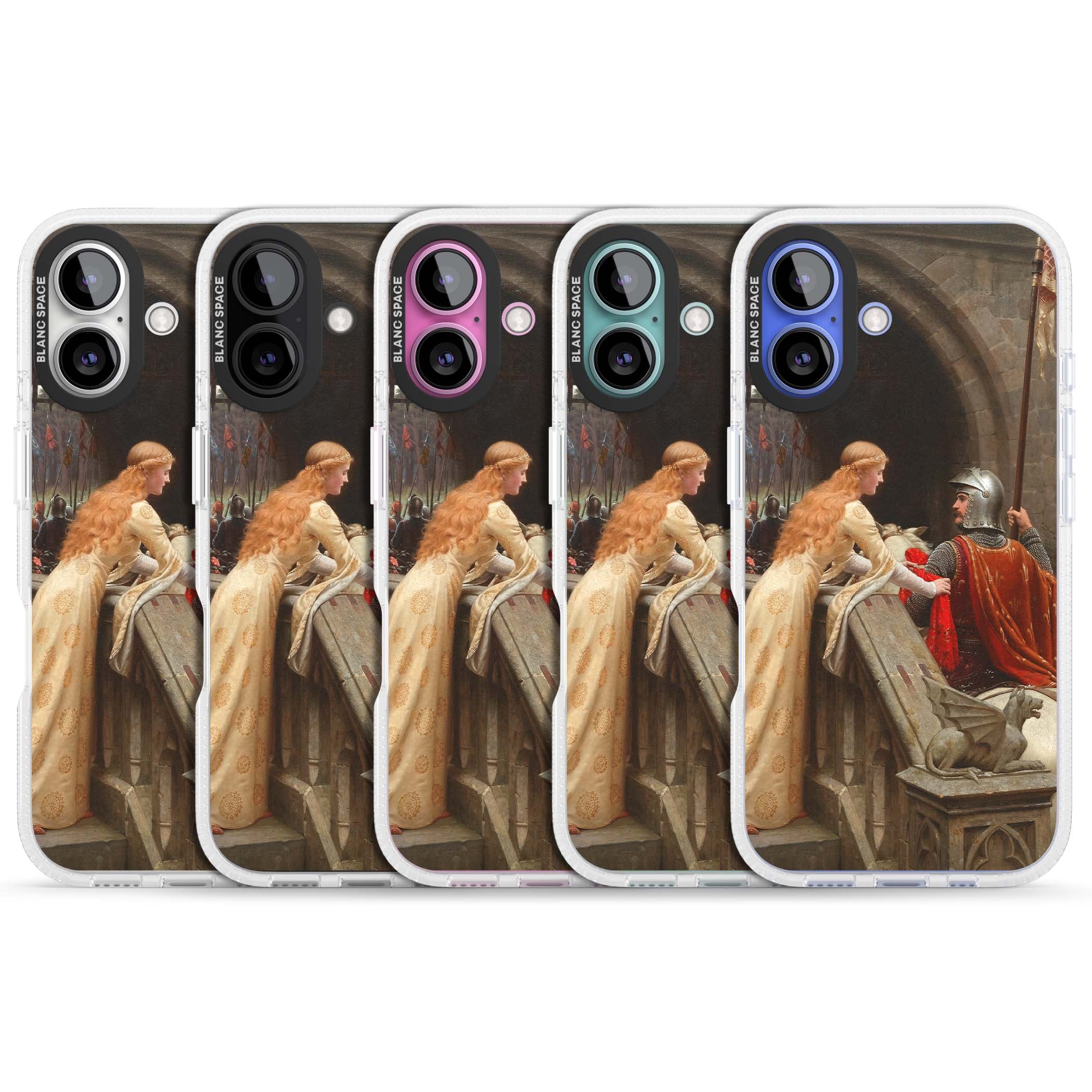 God Speed fine art iPhone case featuring Edmund Blair Leighton's medieval knight and lady beneath a stone archway | Clear Case Impact Air case for iPhone 16, iPhone 16 Plus