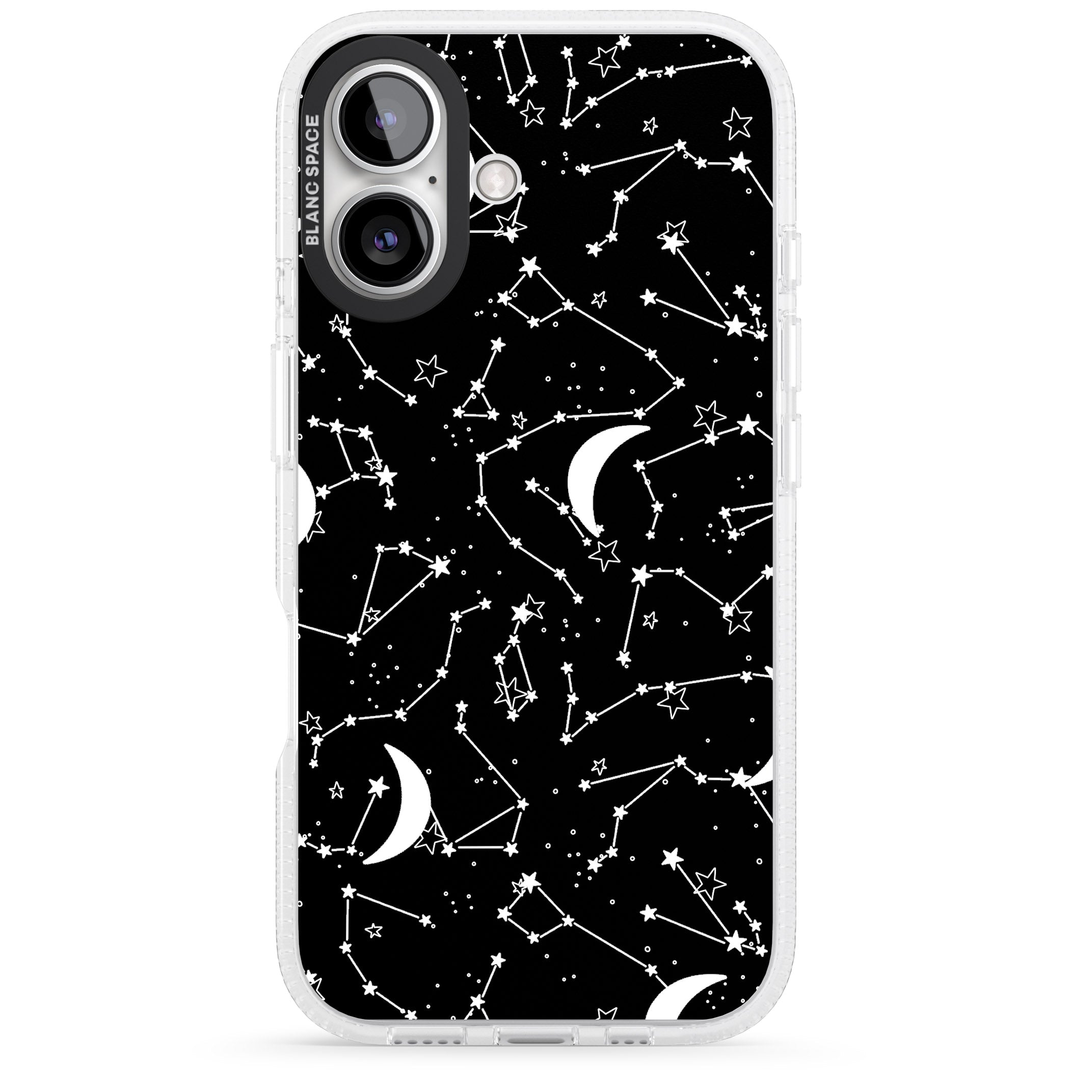 White Stars Constellations on Black iPhone 16 / 16 Plus Clear Case Impact Air - Blanc Space