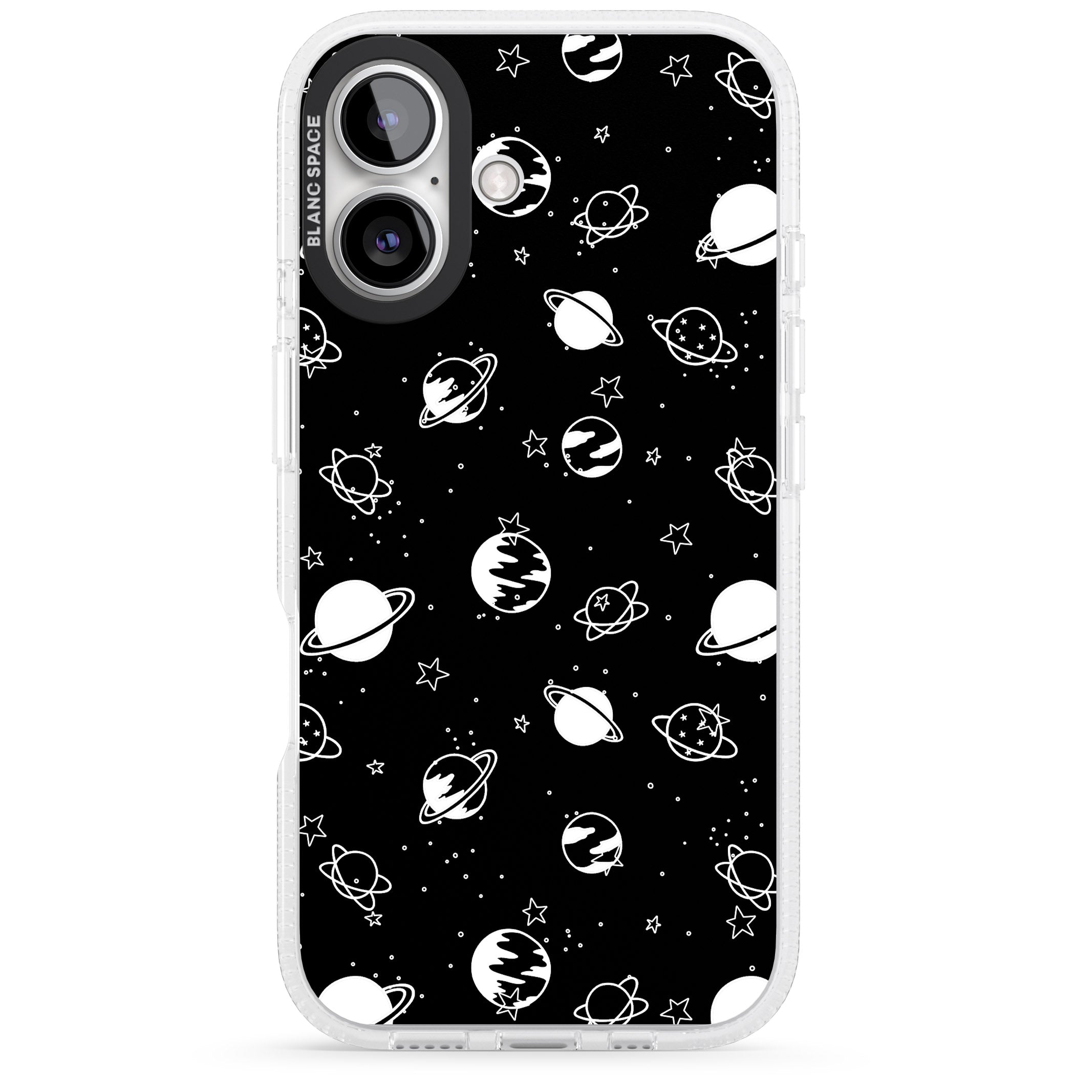 White Planets on Black iPhone 16 / 16 Plus Clear Case Impact Air - Blanc Space